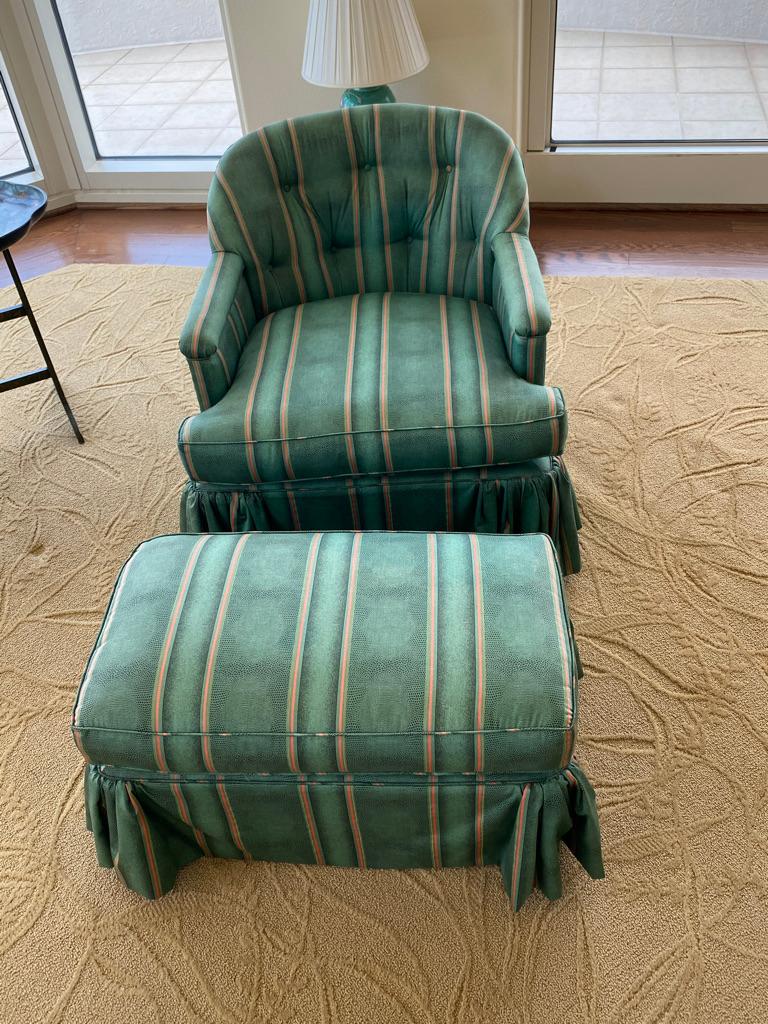 Modern French country armchair and ottoman upholstered in green striped fabric gathered at the corners a great set with matching ottoman.