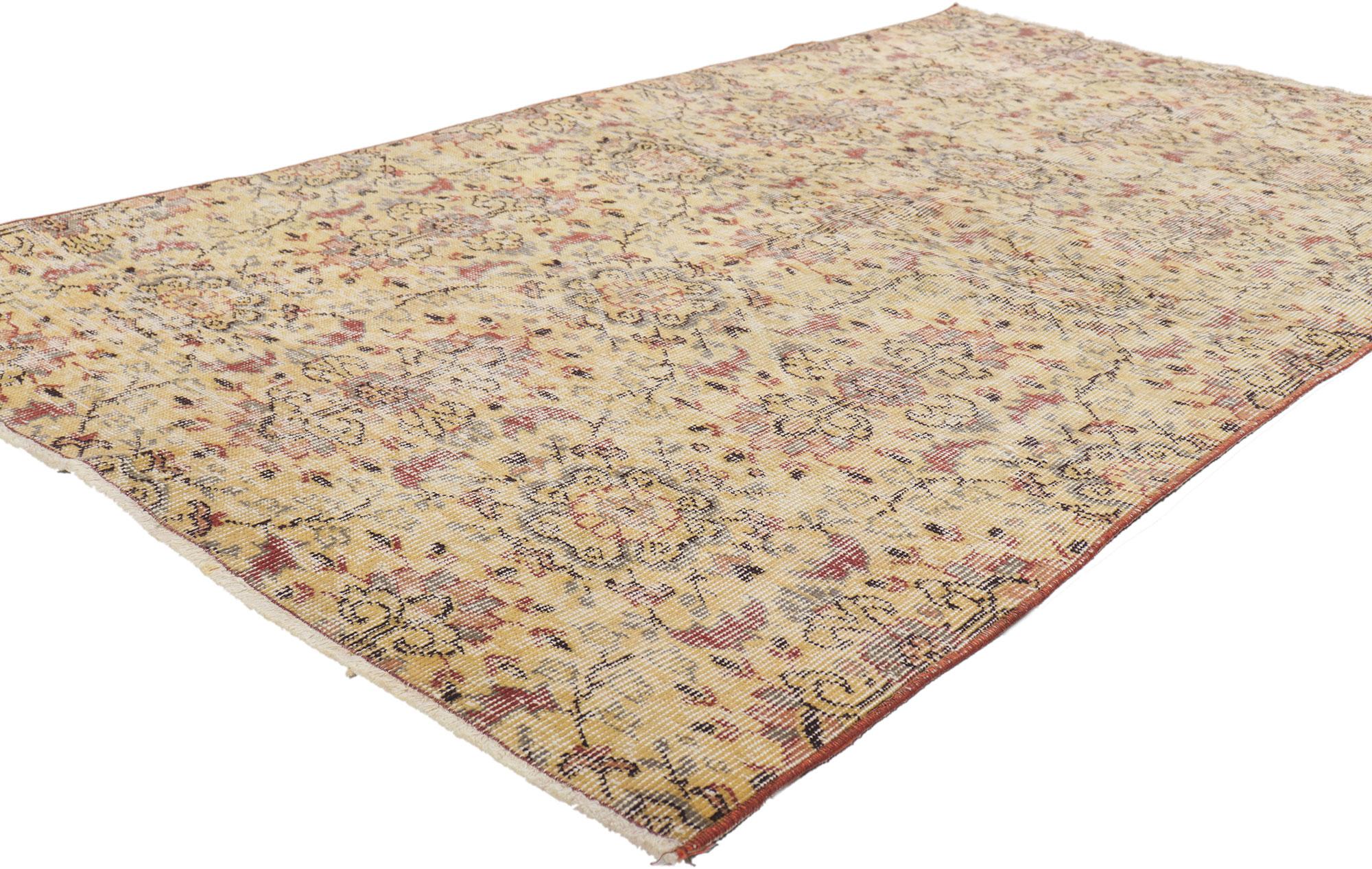 52590 Rustic French Country Vintage Turkish Sivas Rug, 03'09 x 06'09.
Warm and welcoming, this hand knotted wool distressed Turkish Sivas rug beautifully embodies French Country style. The field is covered in a softly rendered repeating floral