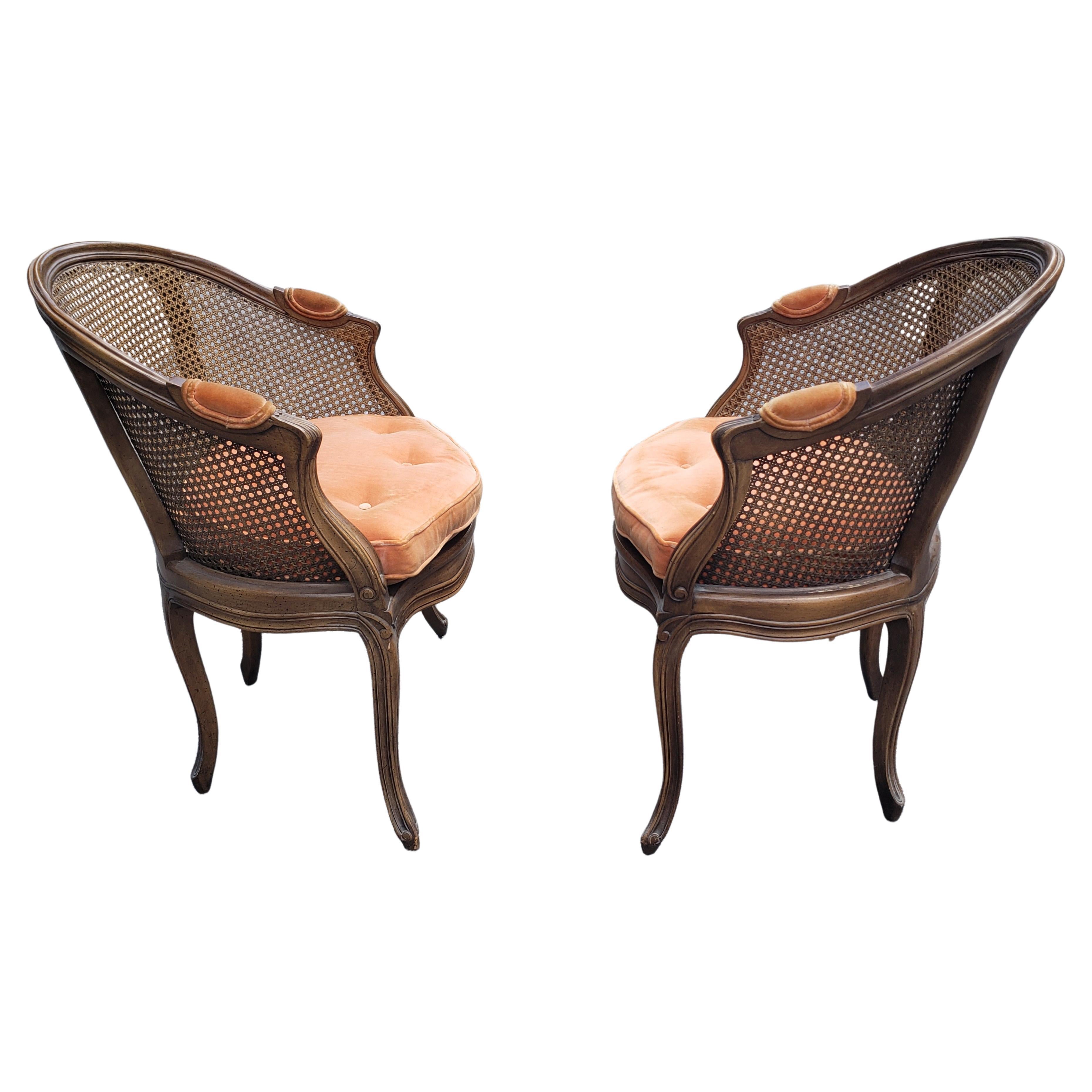 Caning French Country Walnut and Cane Tufted Upholstered Seat Chairs, a Pair