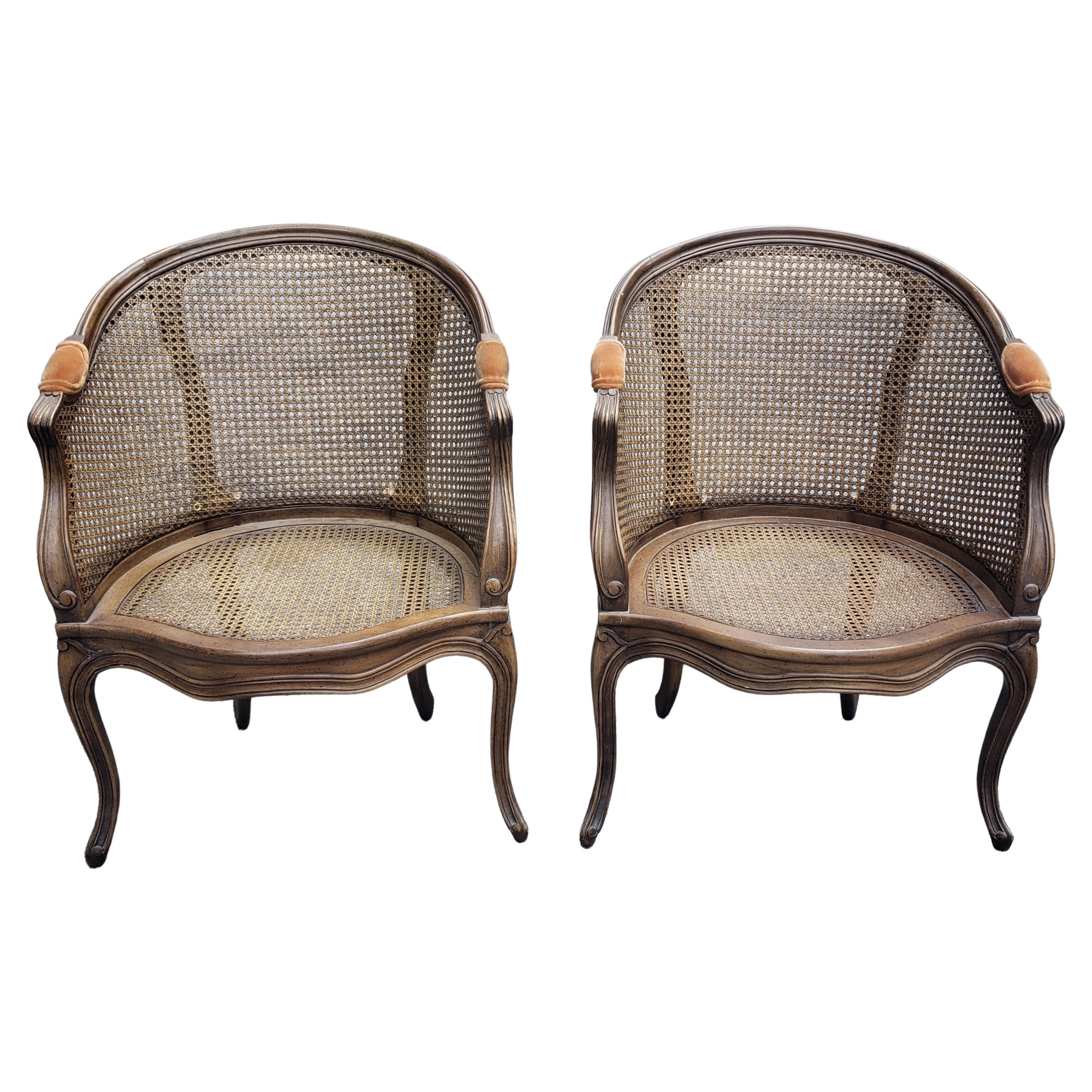 20th Century French Country Walnut and Cane Tufted Upholstered Seat Chairs, a Pair