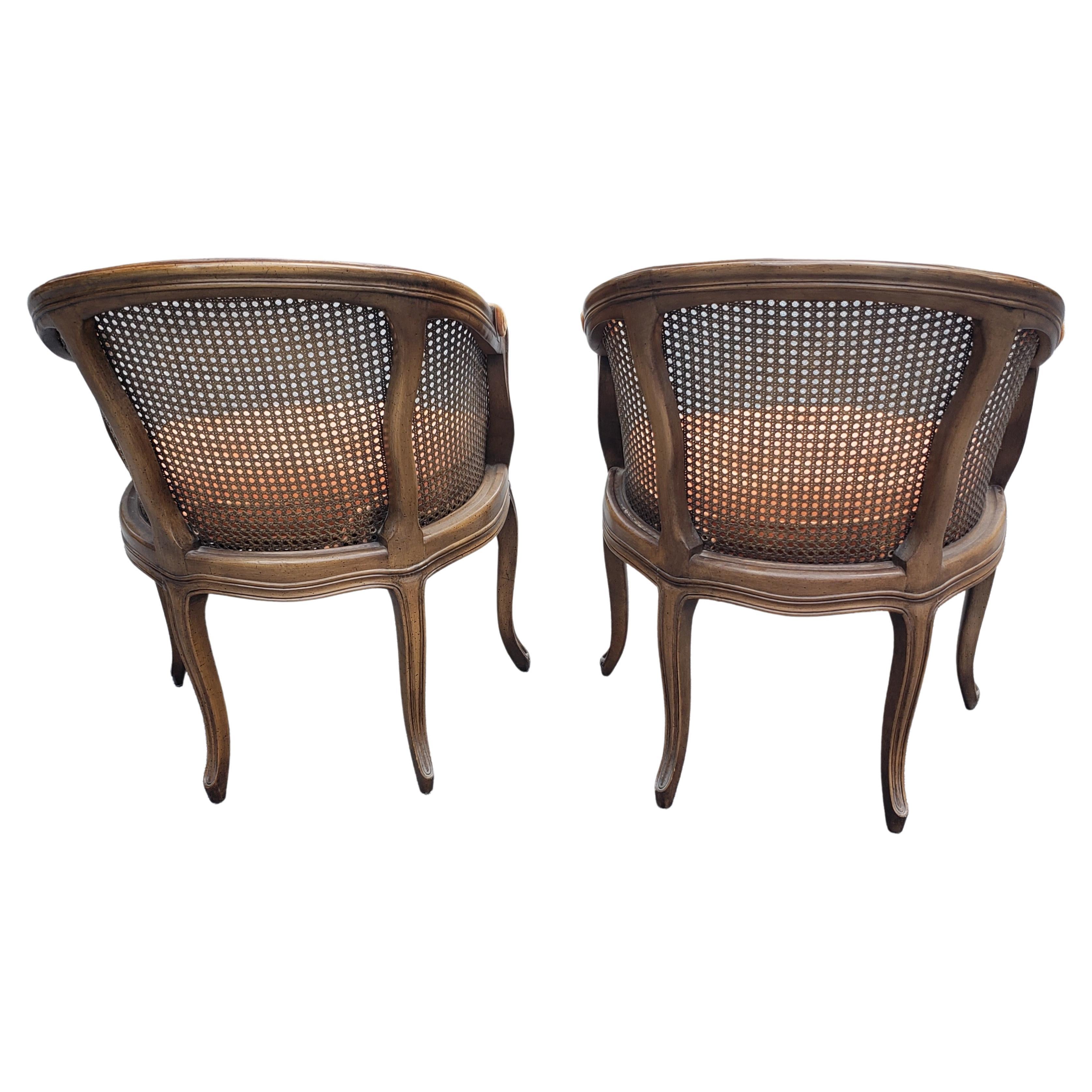 Upholstery French Country Walnut and Cane Tufted Upholstered Seat Chairs, a Pair