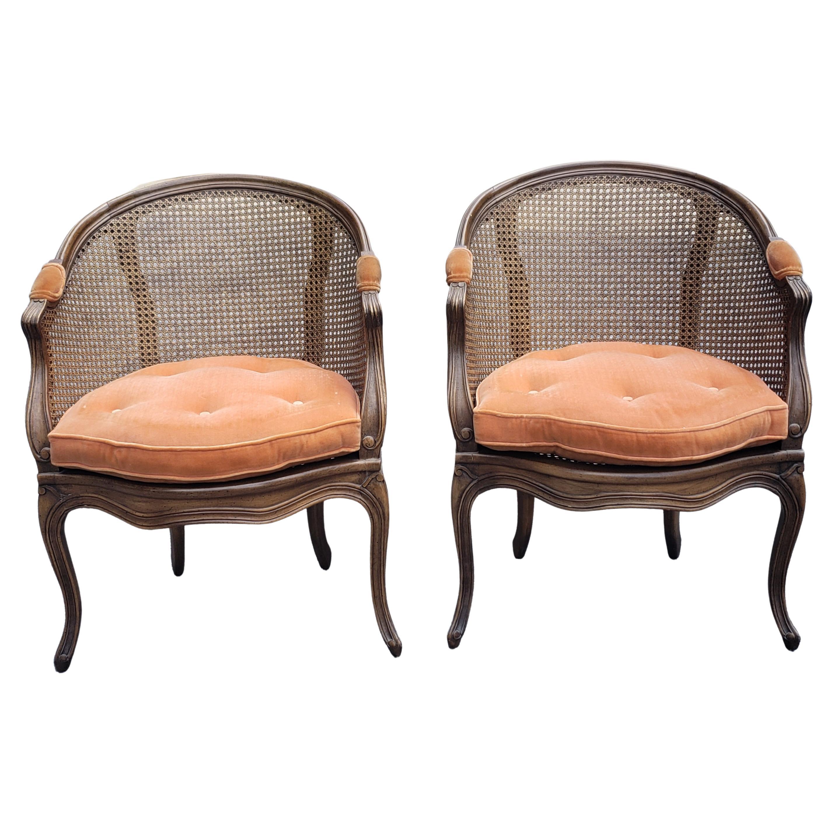 French Country Walnut and Cane Tufted Upholstered Seat Chairs, a Pair