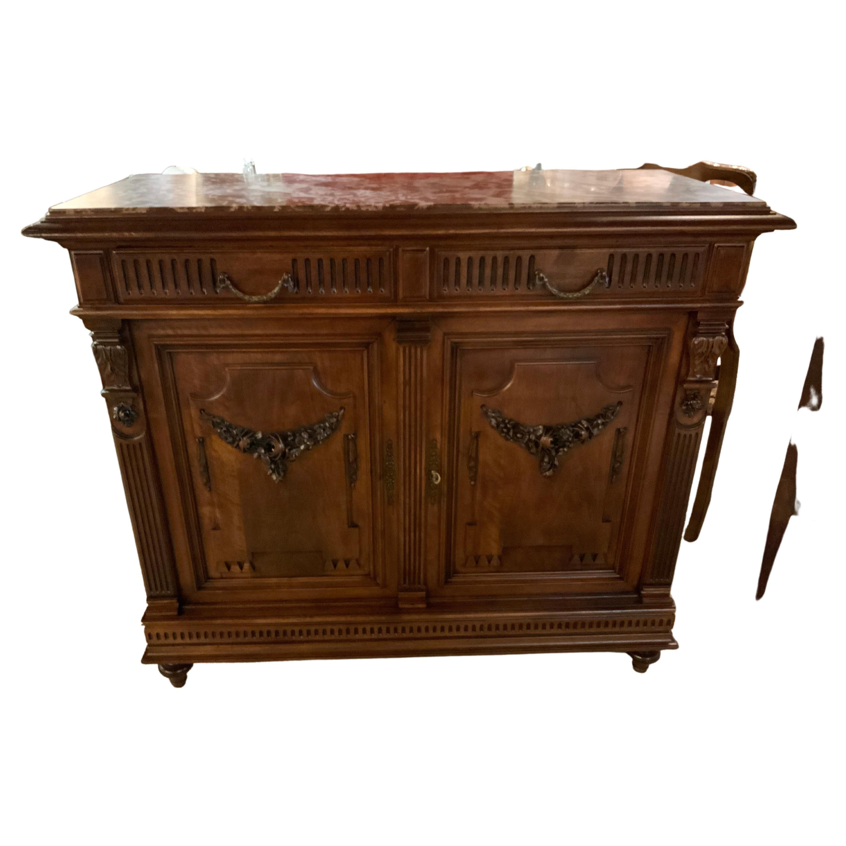 French Country Walnut Buffet, 19th Century with Marble Top For Sale