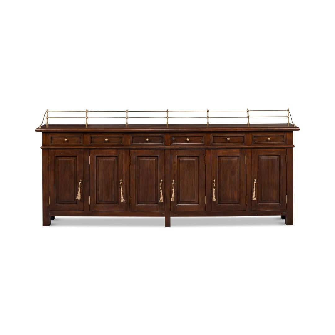 Crafted from solid walnut, this piece resonates with durability and a timeless aesthetic. Its generous dimensions, measuring 96 inches in width, 12 inches in depth, and standing 43 inches tall, make it a statement piece for spacious dining