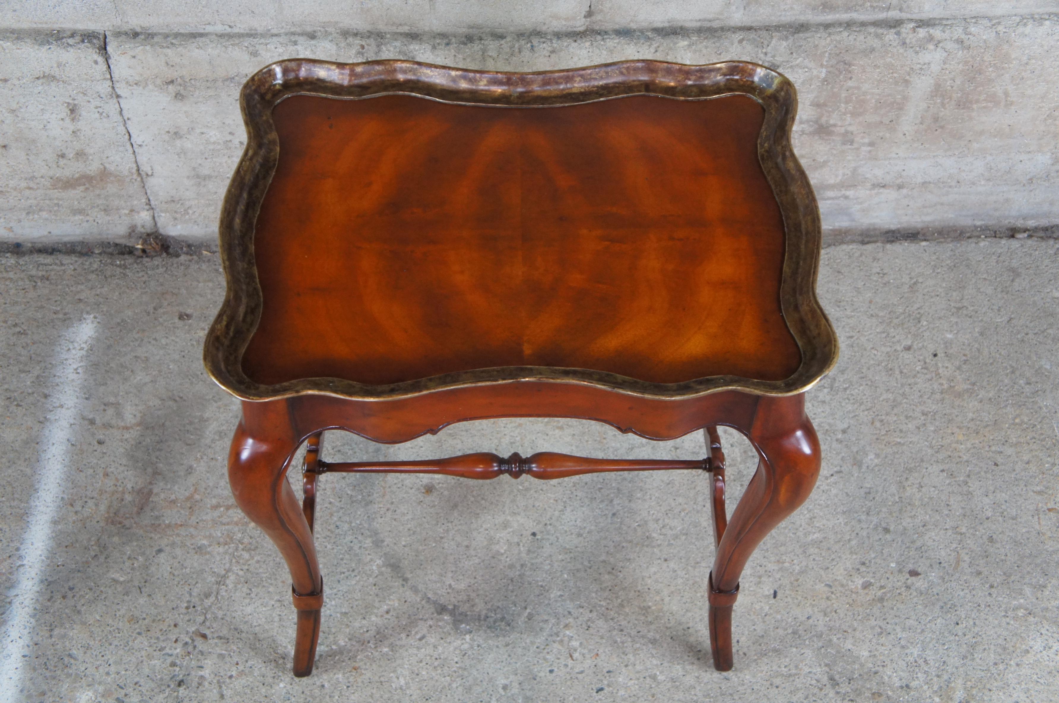 French Country Walnut Scalloped Side End Accent Table Brass Edge Provincial In Good Condition In Dayton, OH