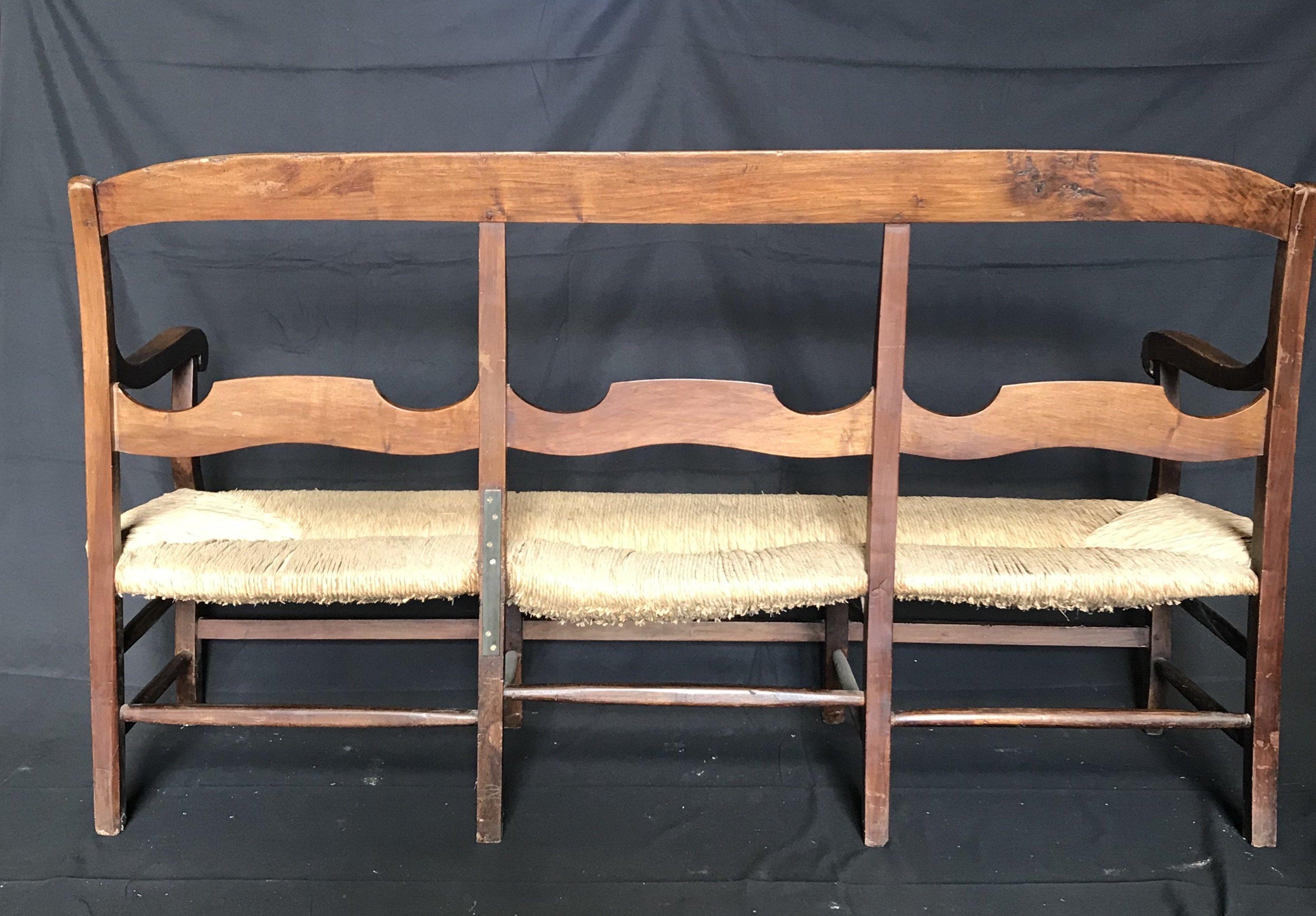French Provincial French Country Walnut Settee or Sofa with Rush Seat