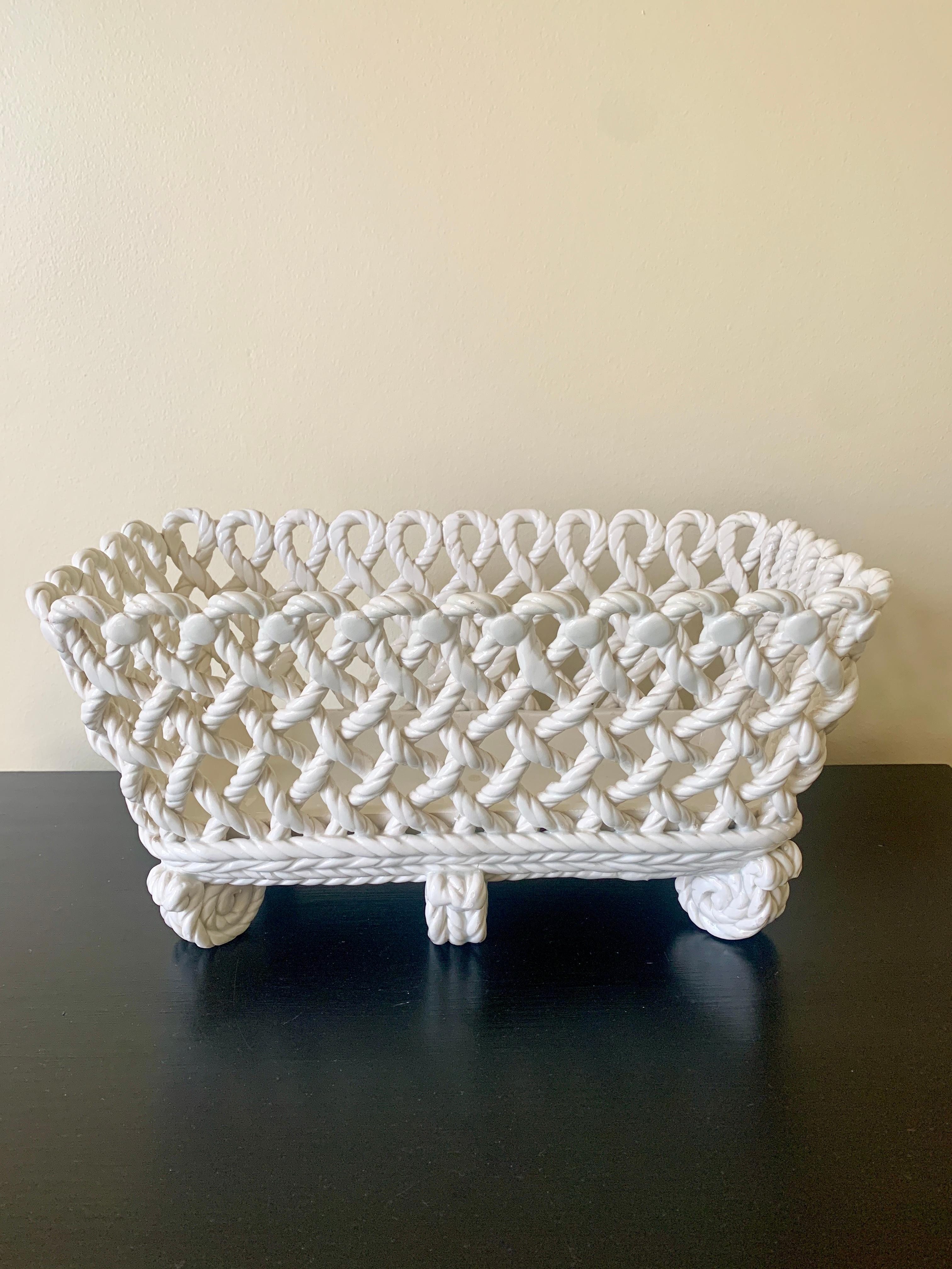 French Country White Ceramic Woven Rope Cachepot Basket For Sale 4