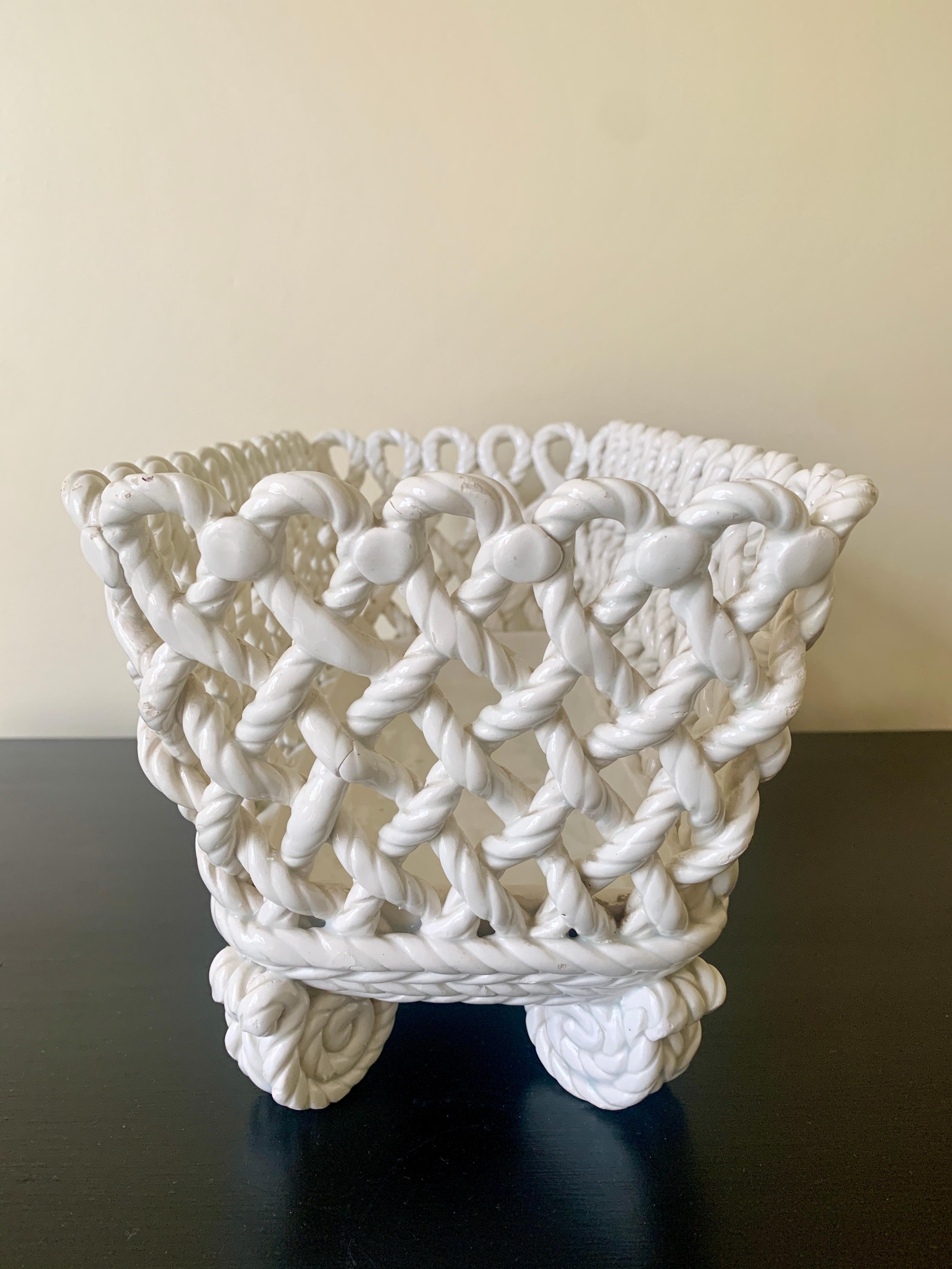 French Country White Ceramic Woven Rope Cachepot Basket For Sale 5