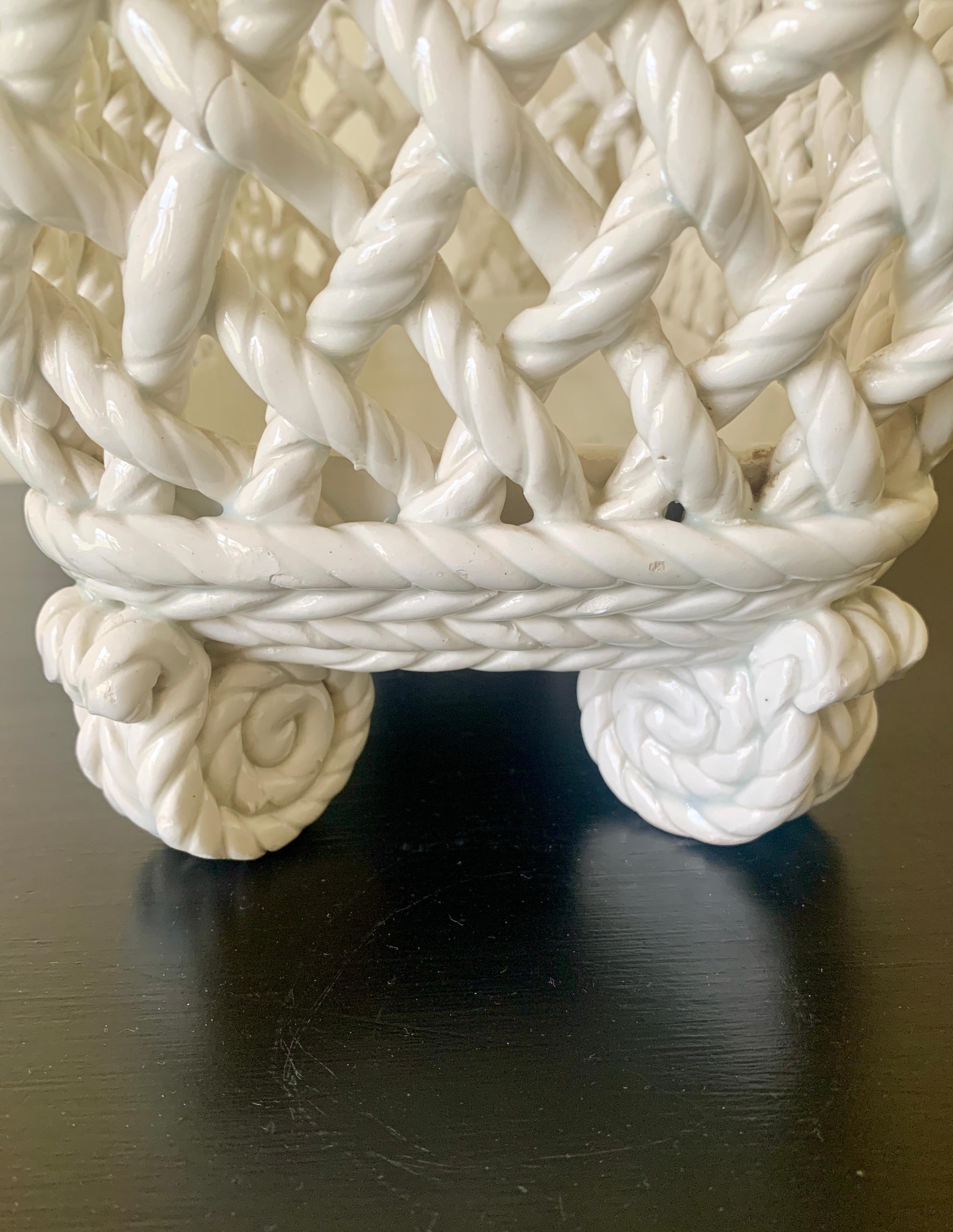 French Country White Ceramic Woven Rope Cachepot Basket For Sale 6