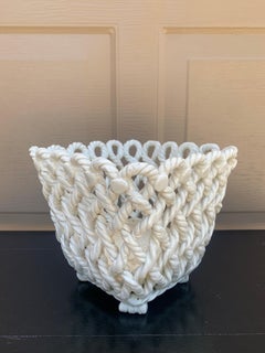 French Country White Ceramic Woven Rope Cachepot Basket