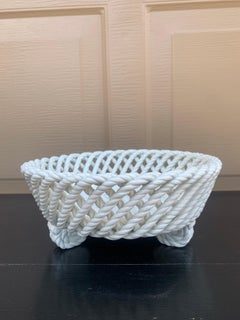 French Country White Ceramic Woven Rope Cachepot Basket