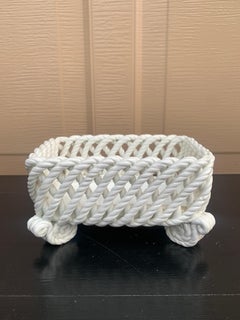 French Country White Ceramic Woven Rope Cachepot Basket