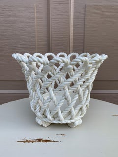 French Country White Ceramic Woven Rope Cachepot Basket