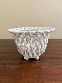 French Country White Ceramic Woven Rope Cachepot Basket