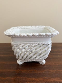 French Country White Ceramic Woven Rope Cachepot Basket