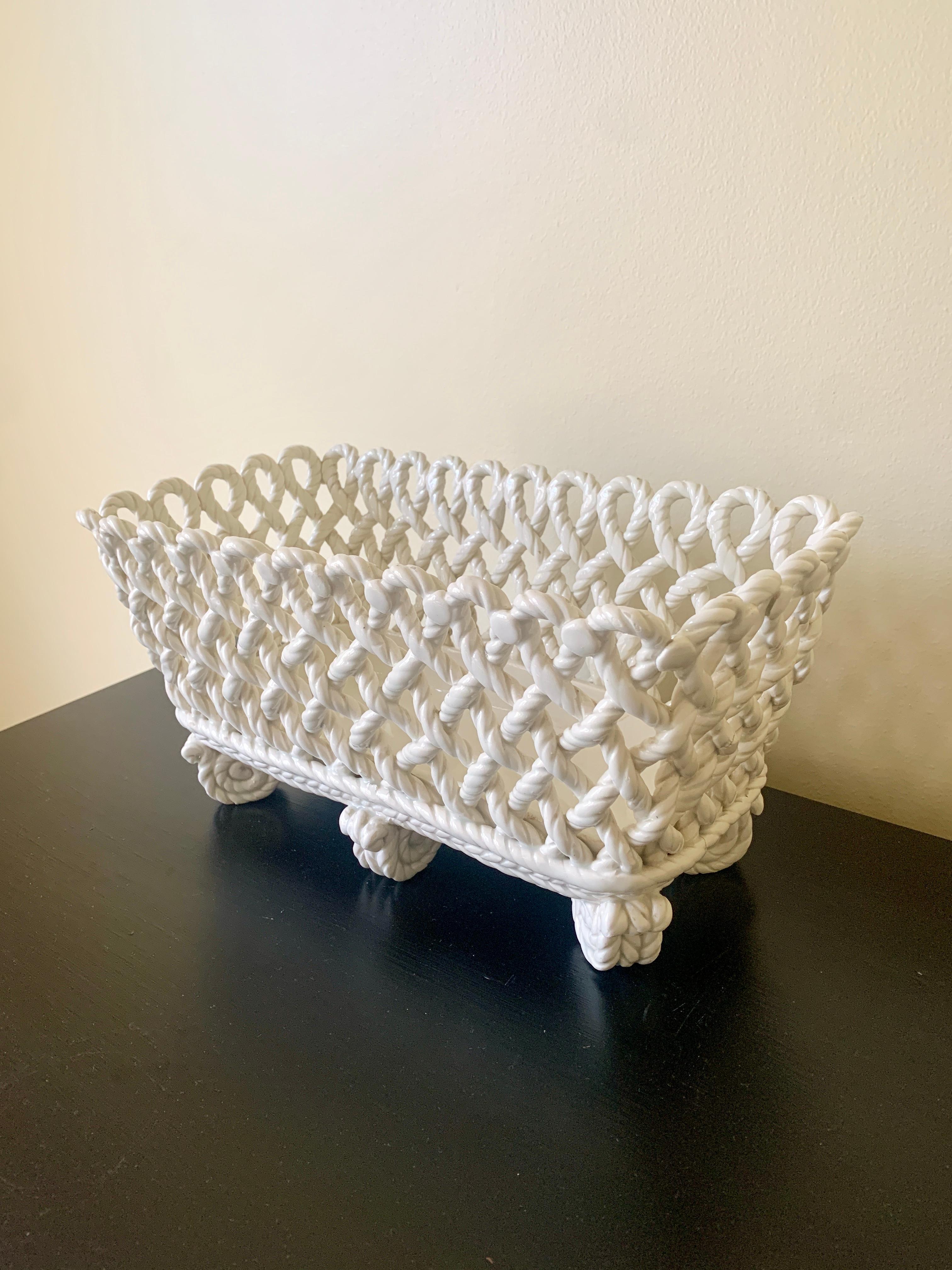 French Provincial French Country White Ceramic Woven Rope Cachepot Basket For Sale