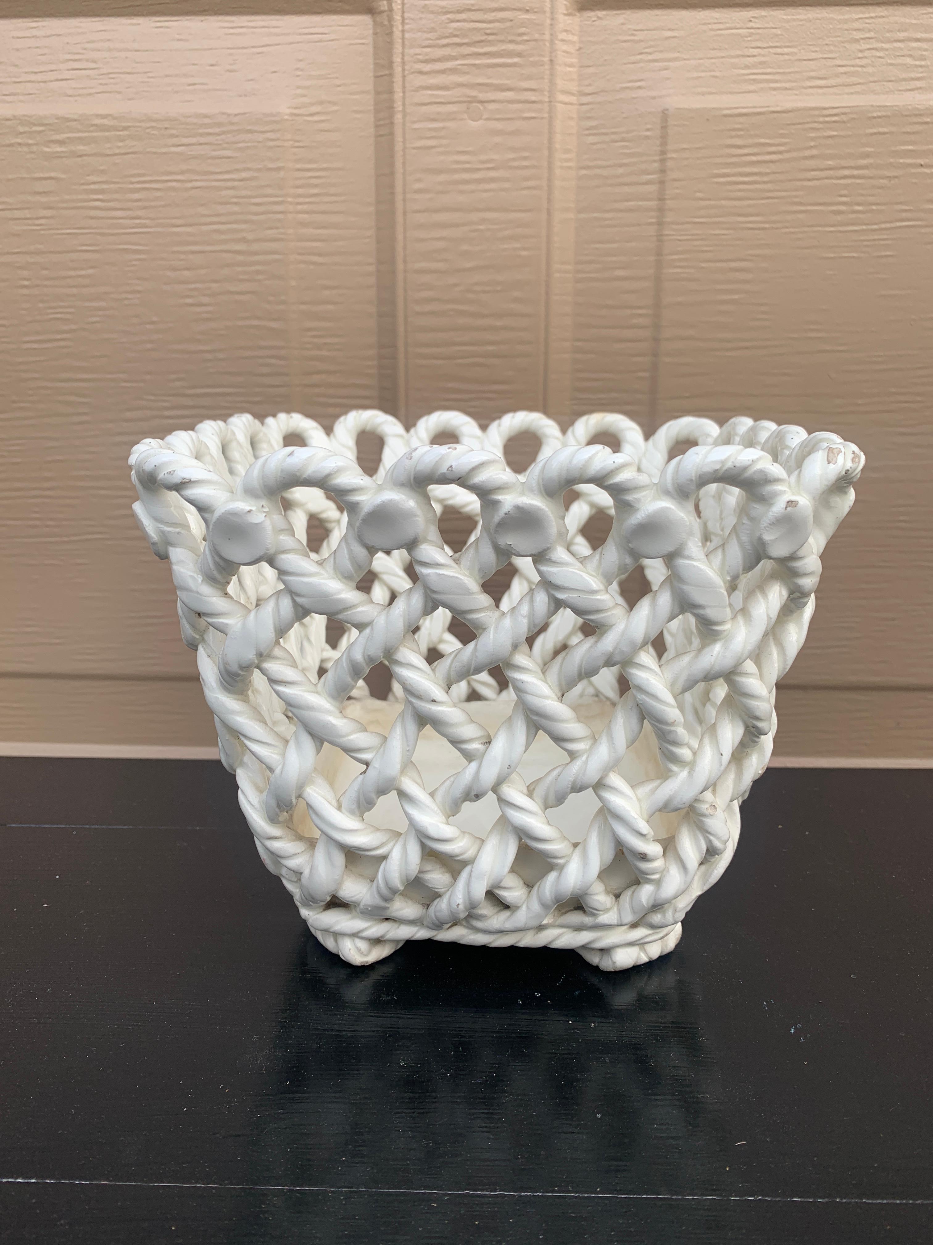 Cesta Cachepot de Cerámica Blanca Tejida con Cuerda País Francés Provincial francés en venta
