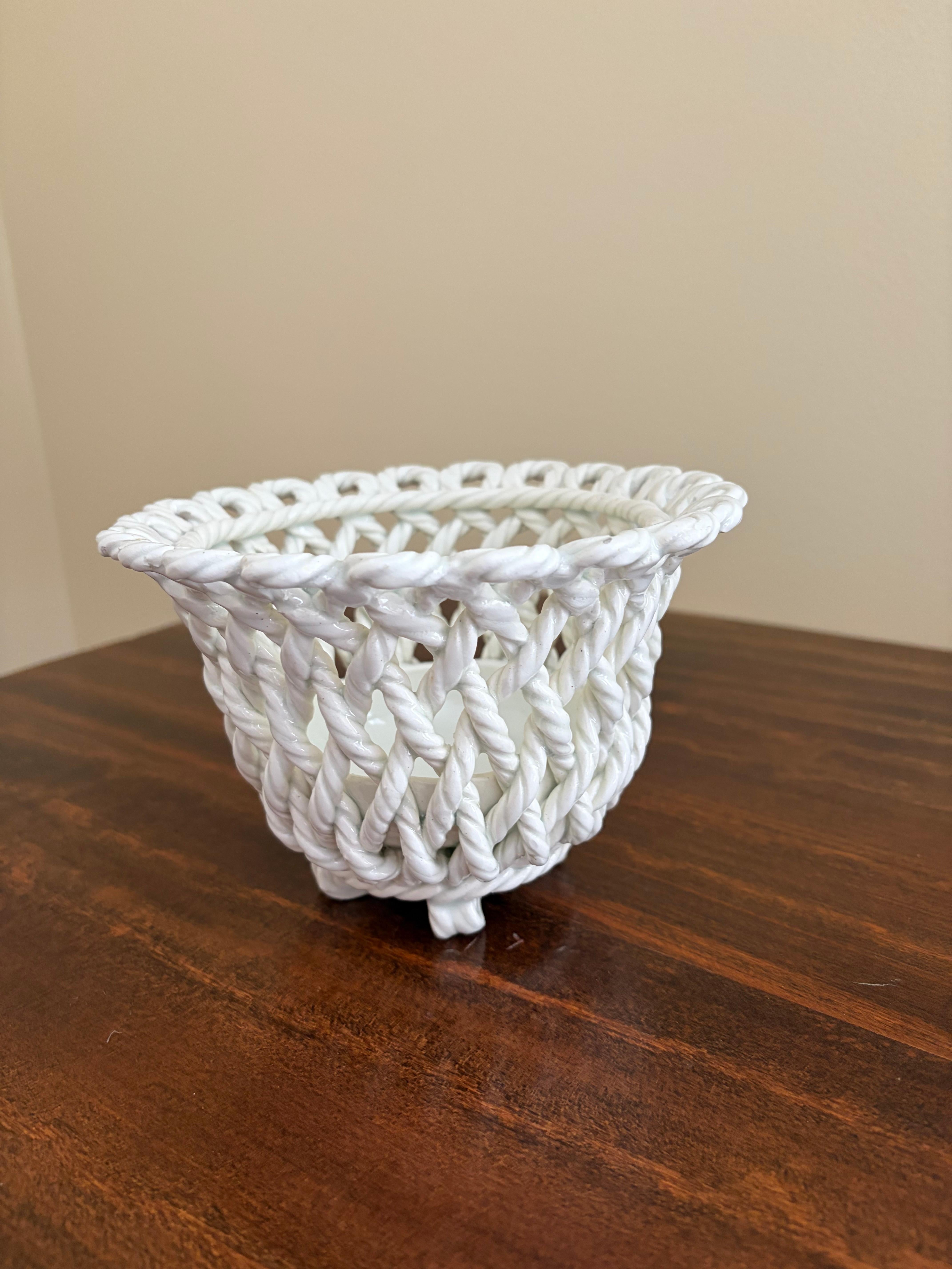 French Provincial French Country White Ceramic Woven Rope Cachepot Basket For Sale