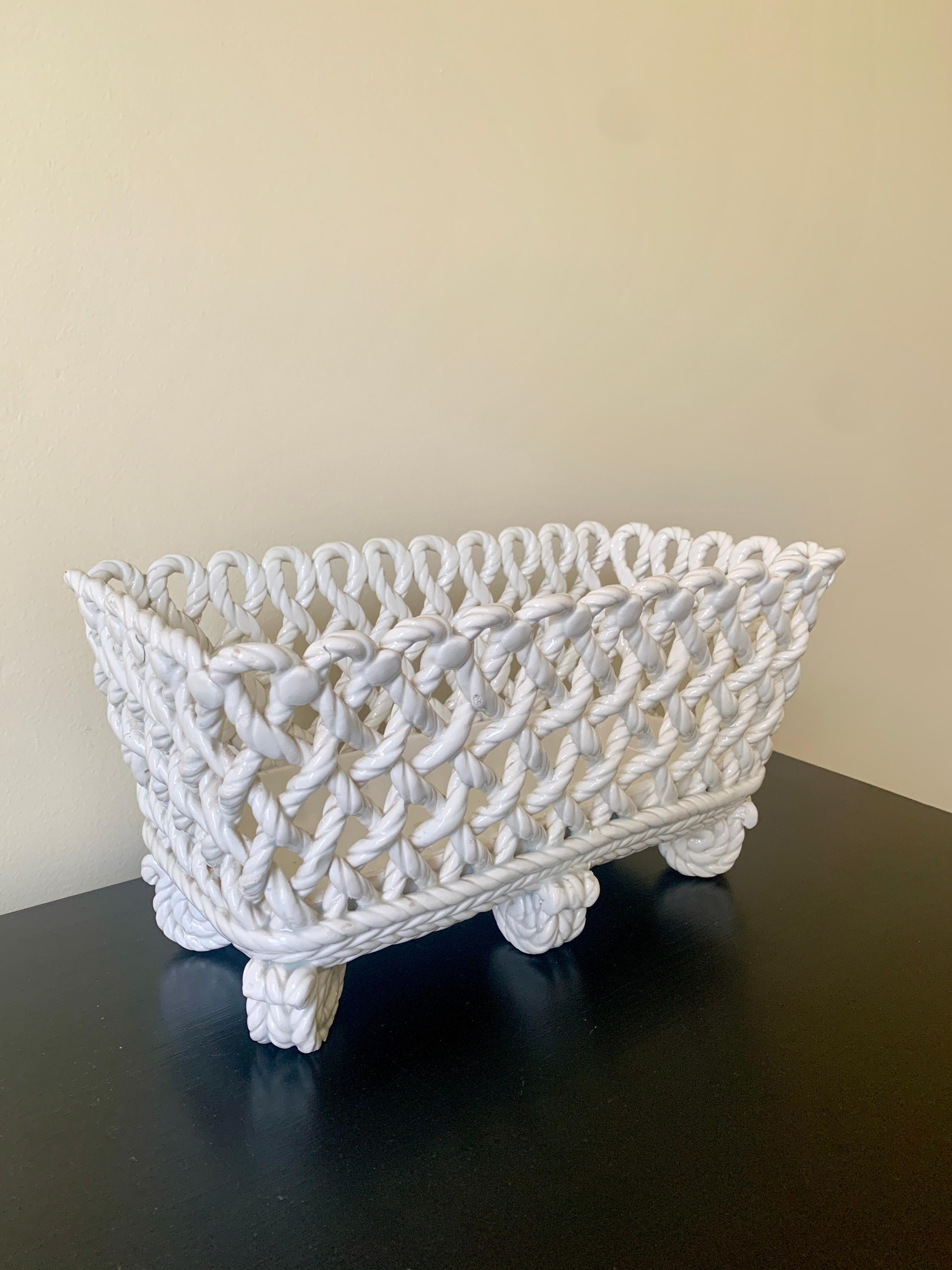 Spanish French Country White Ceramic Woven Rope Cachepot Basket For Sale