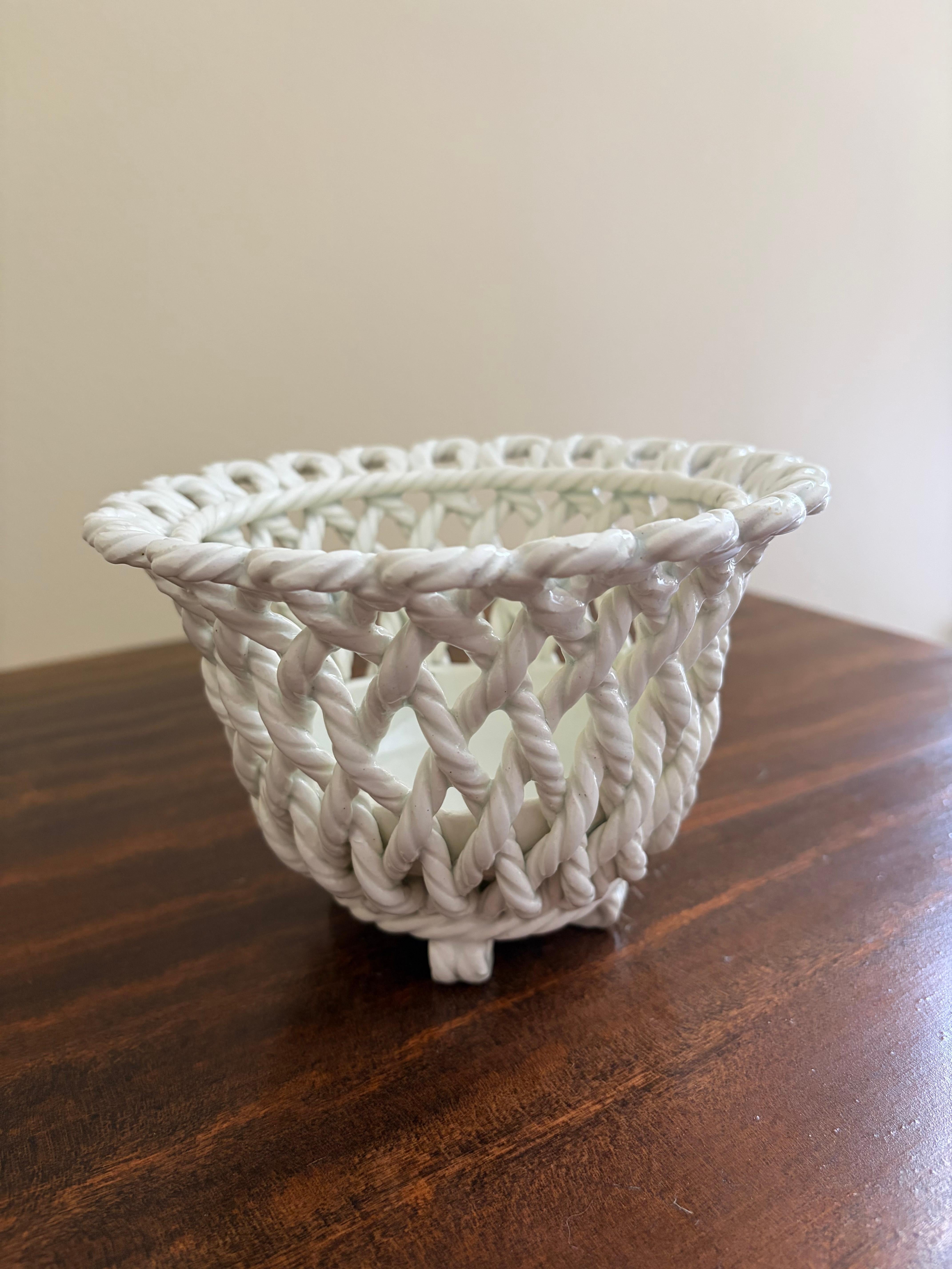 Spanish French Country White Ceramic Woven Rope Cachepot Basket For Sale
