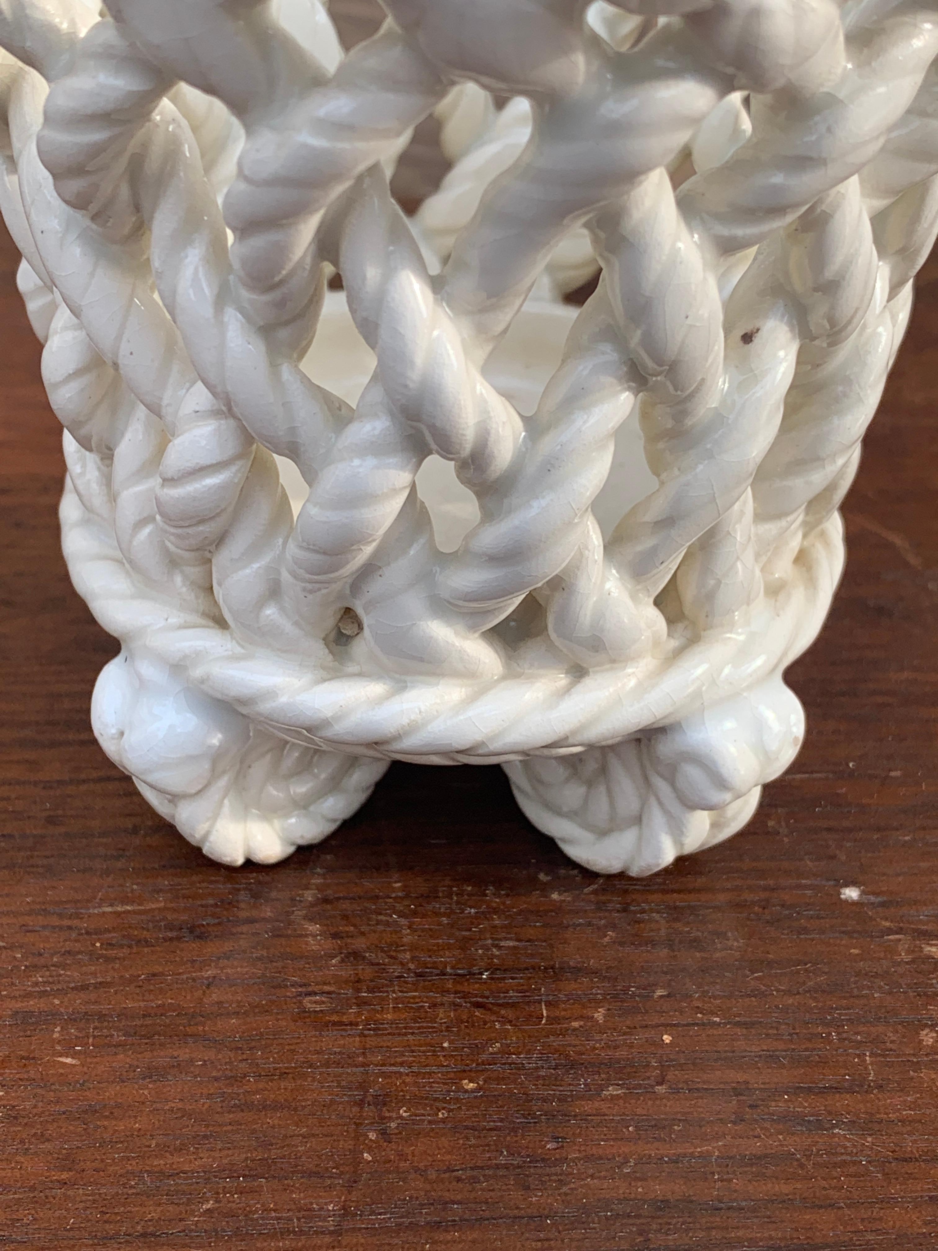 Late 20th Century French Country White Ceramic Woven Rope Cachepot Basket For Sale