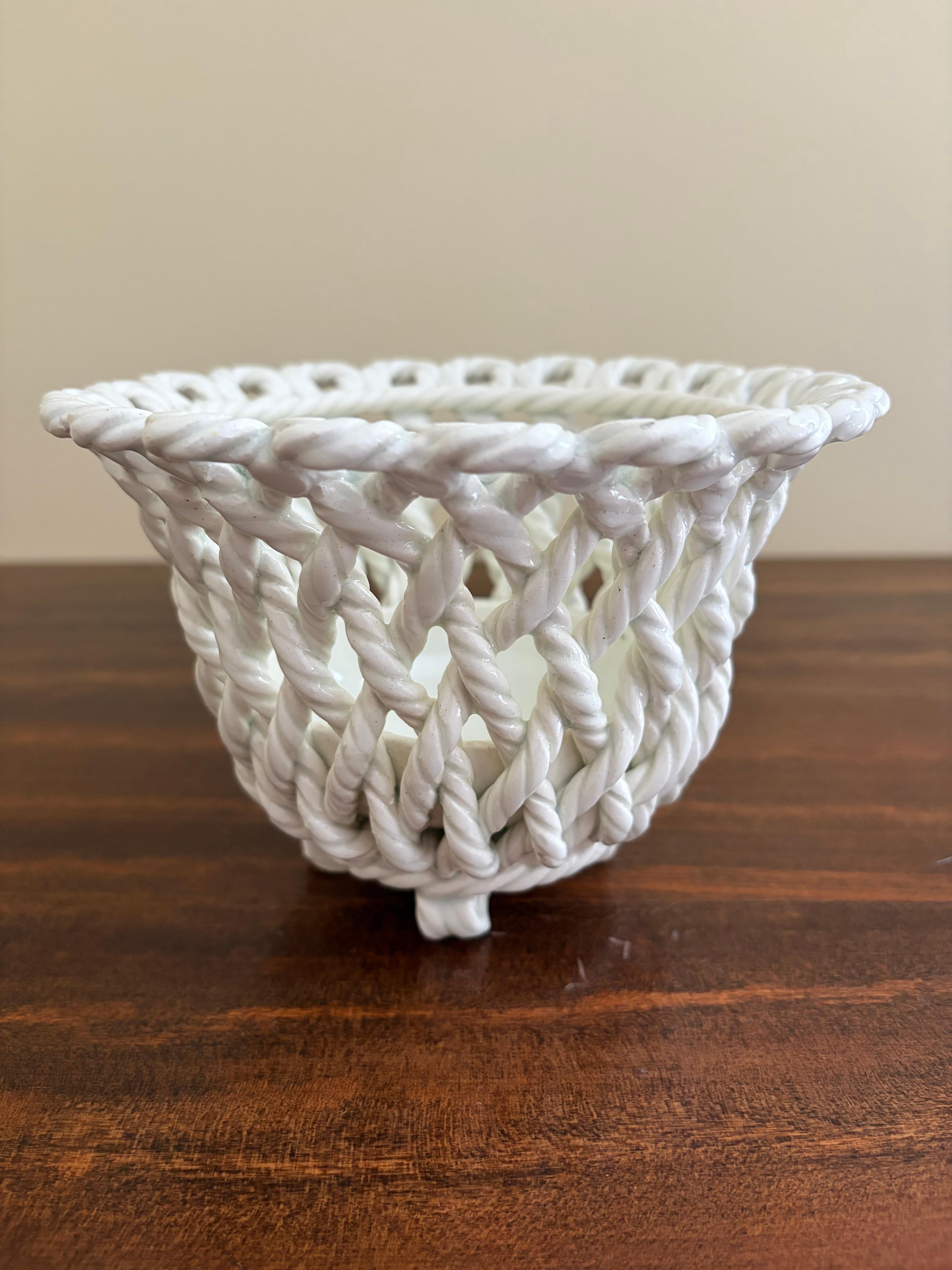 Mid-20th Century French Country White Ceramic Woven Rope Cachepot Basket For Sale