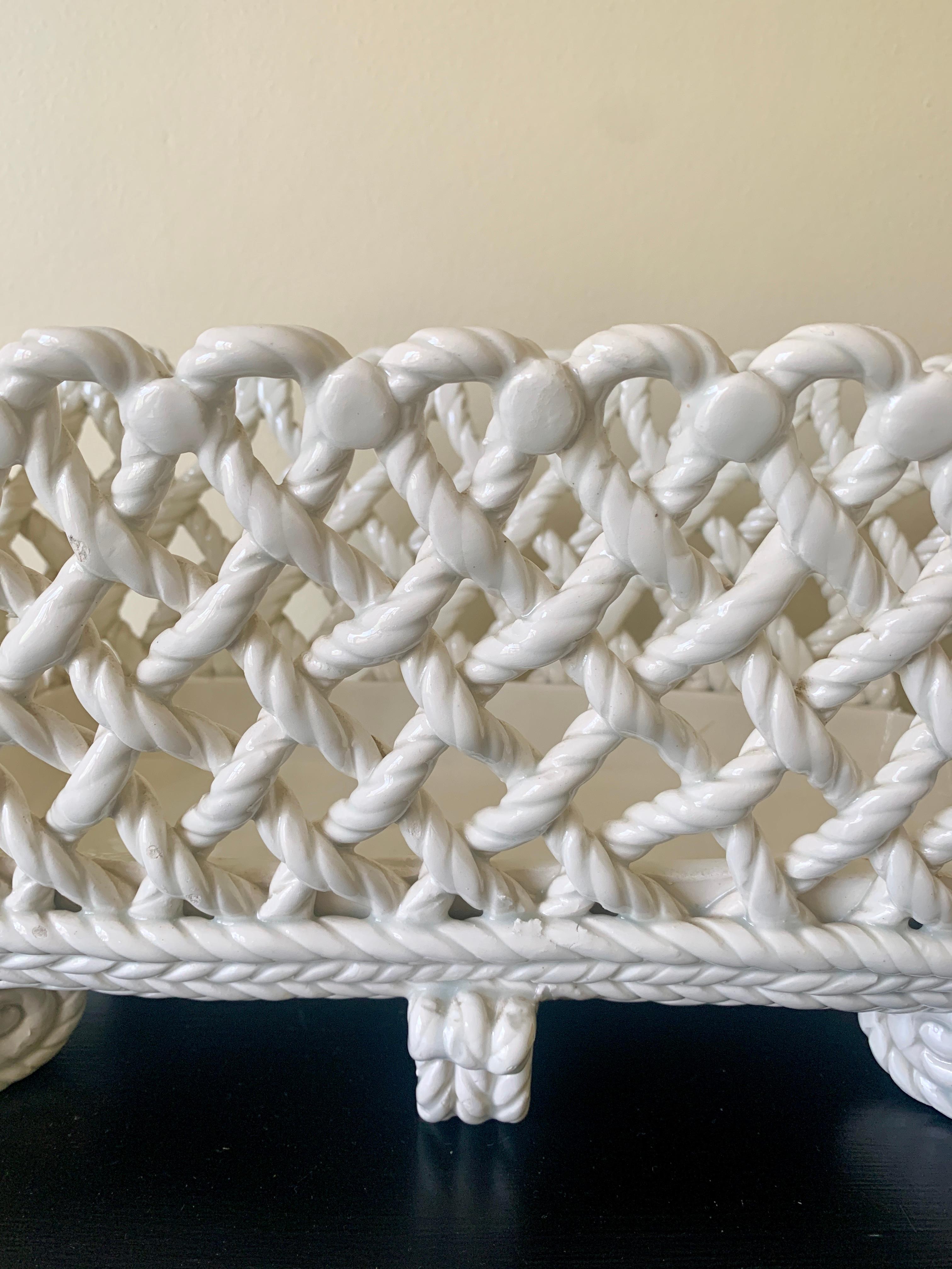 French Country White Ceramic Woven Rope Cachepot Basket For Sale 1
