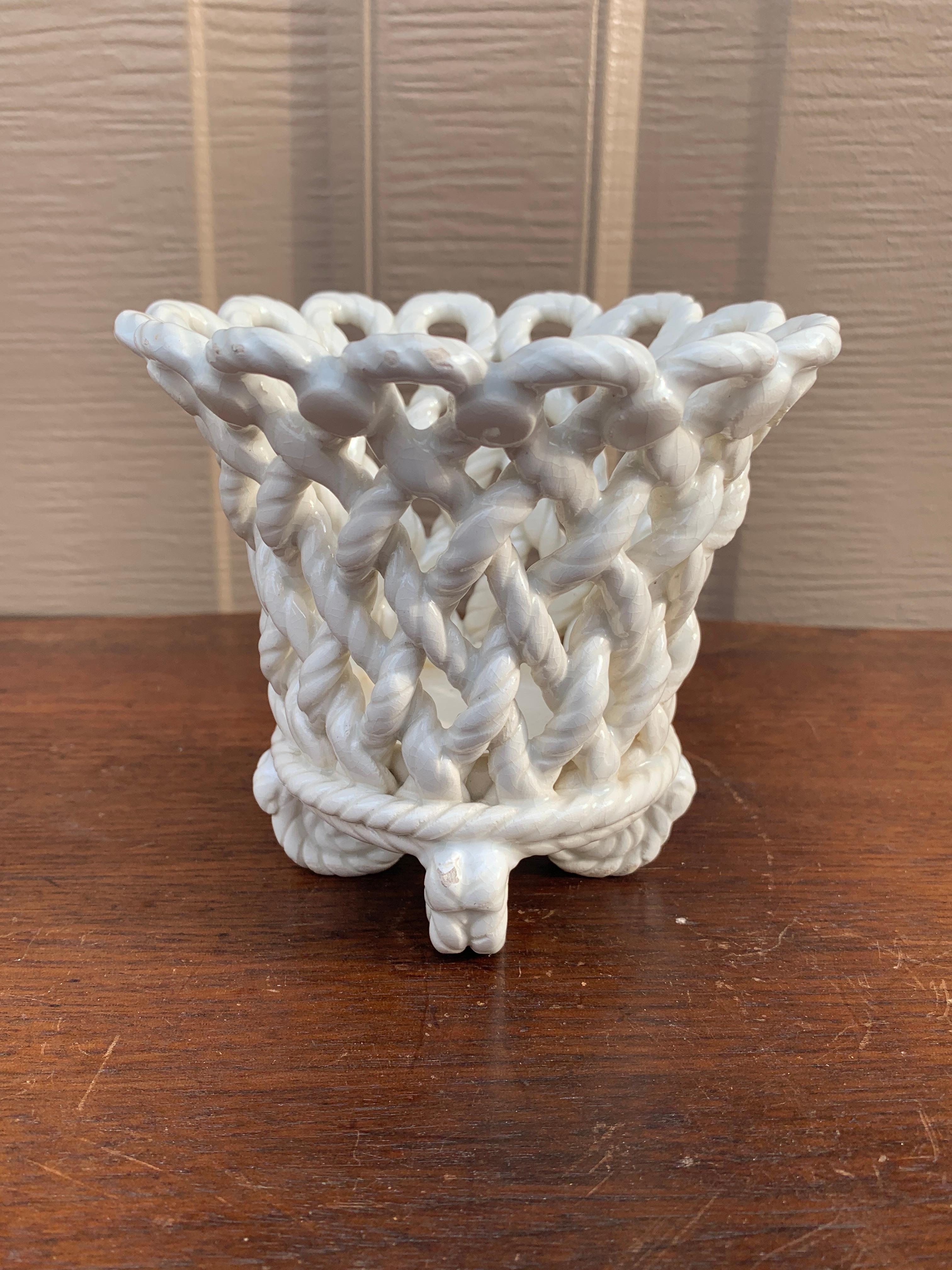 Porcelain French Country White Ceramic Woven Rope Cachepot Basket For Sale