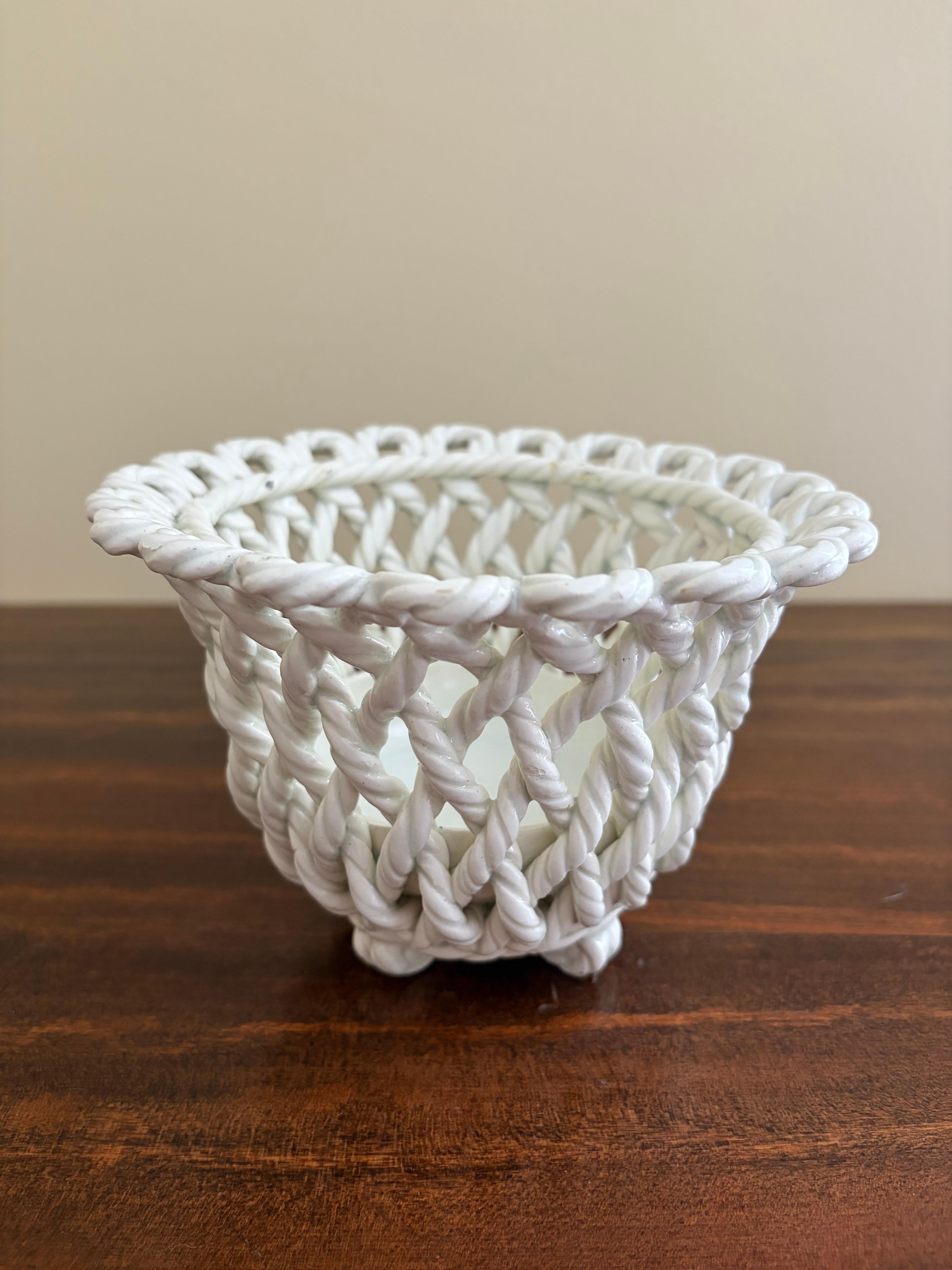 French Country White Ceramic Woven Rope Cachepot Basket For Sale 1