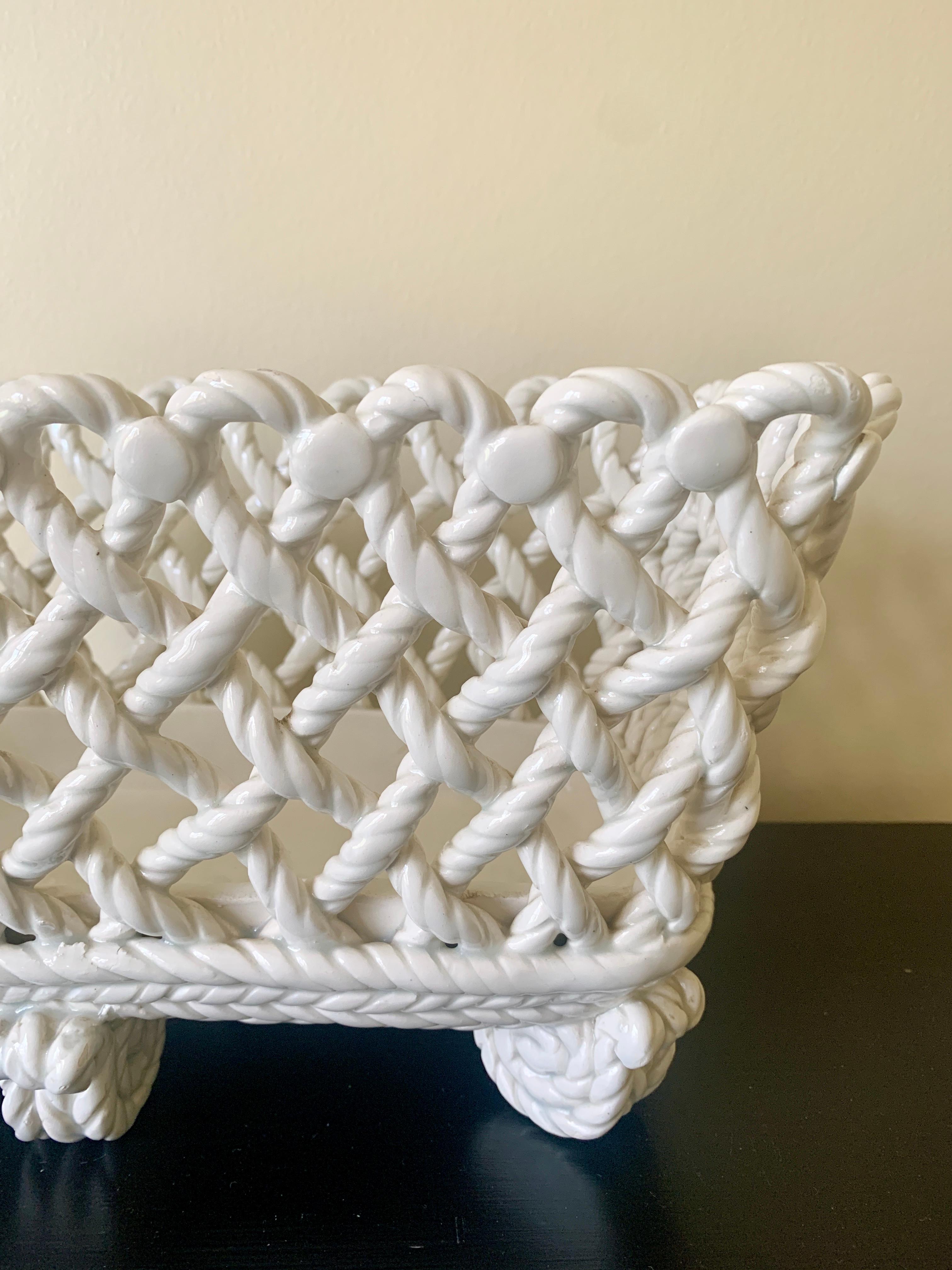 French Country White Ceramic Woven Rope Cachepot Basket For Sale 2