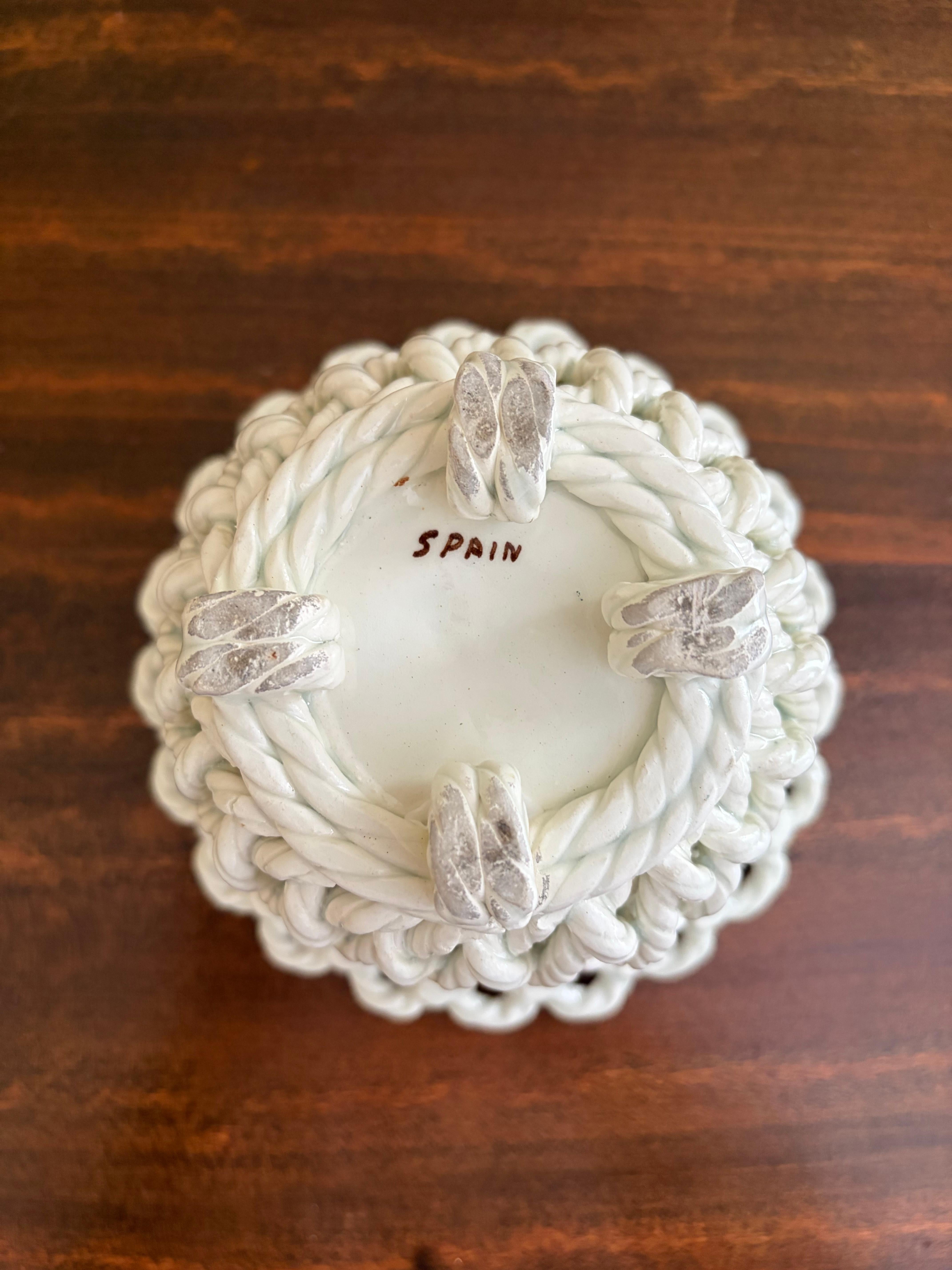 French Country White Ceramic Woven Rope Cachepot Basket For Sale 2