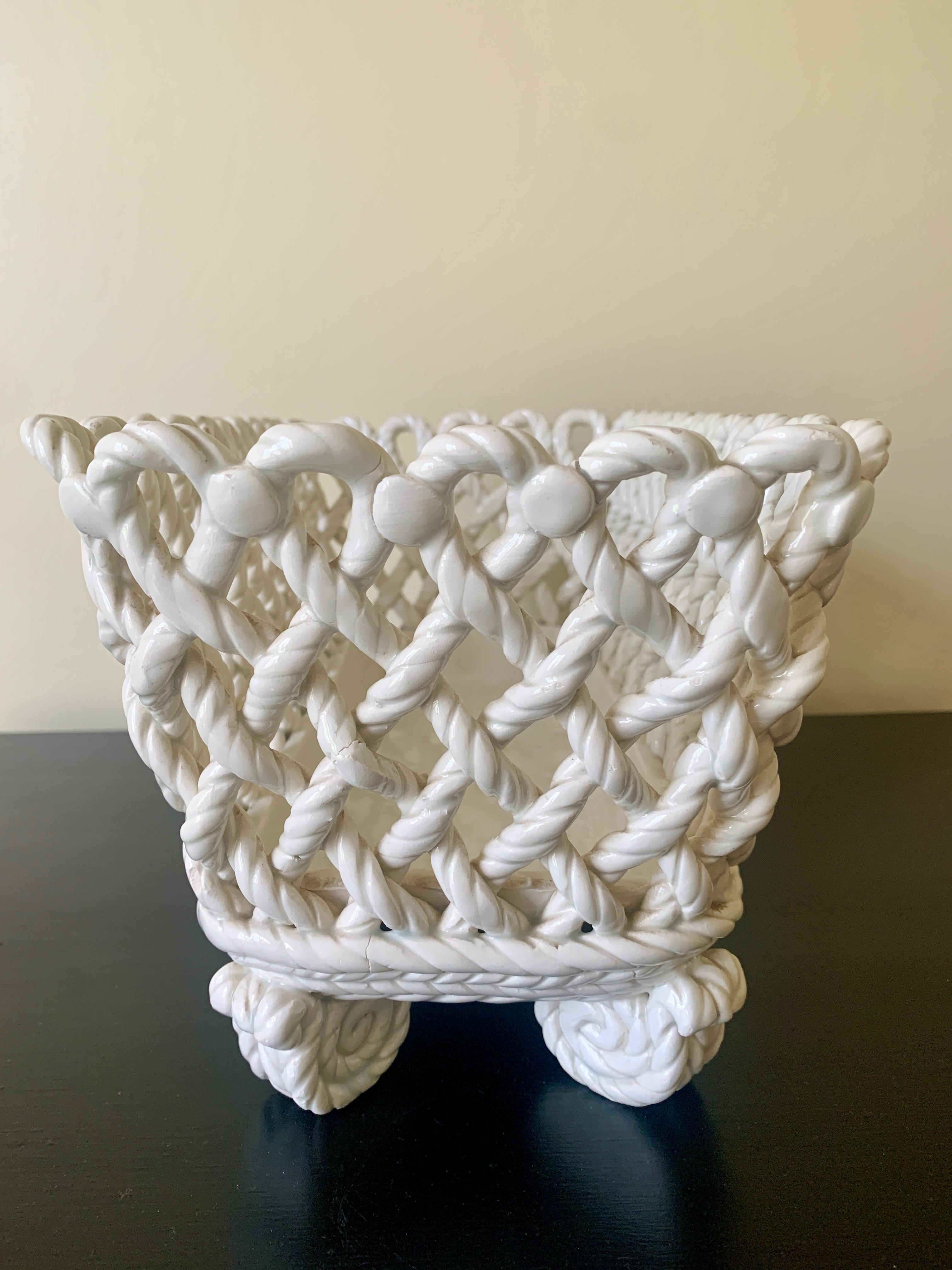 French Country White Ceramic Woven Rope Cachepot Basket For Sale 3