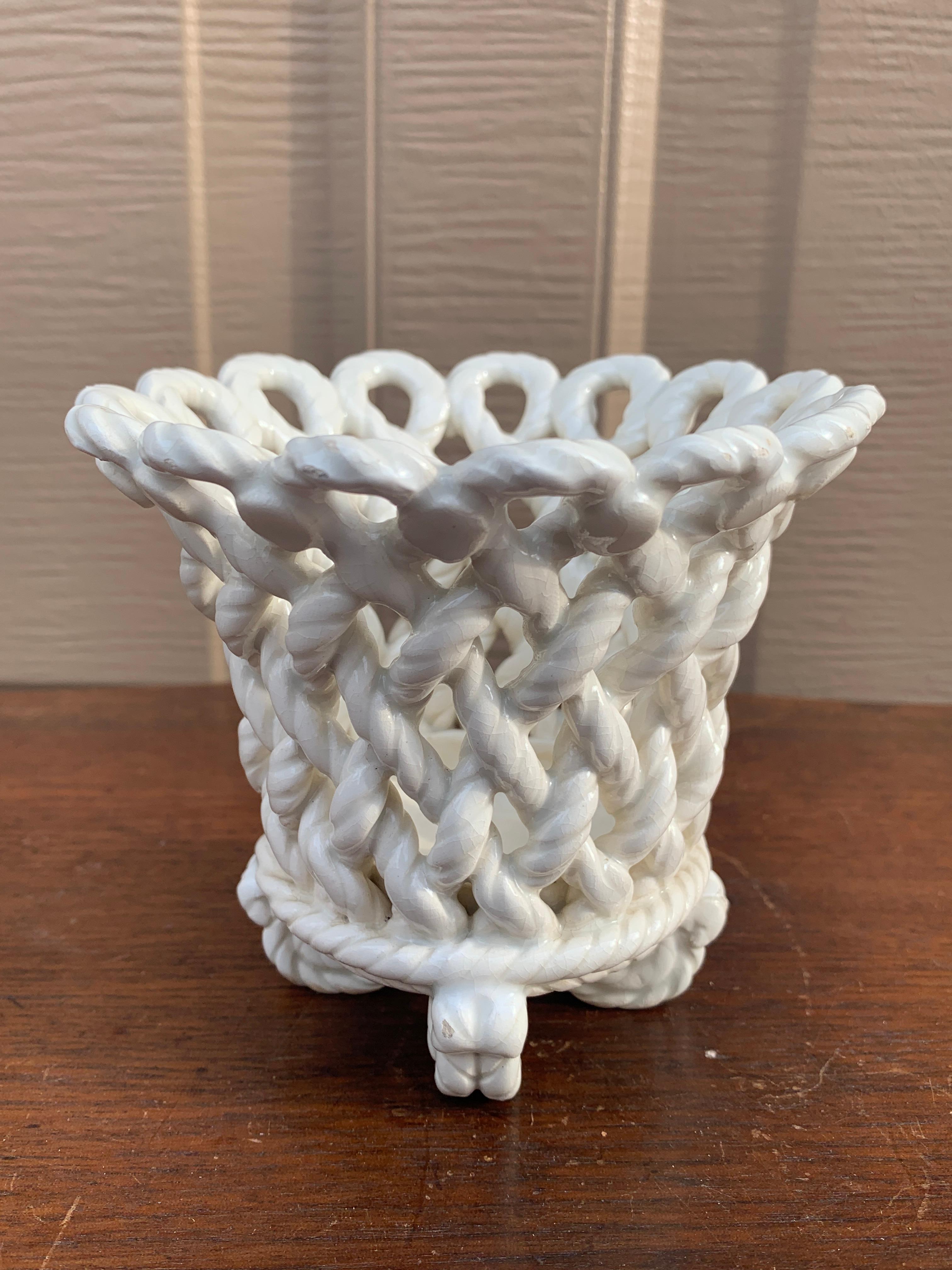 French Country White Ceramic Woven Rope Cachepot Basket For Sale 2