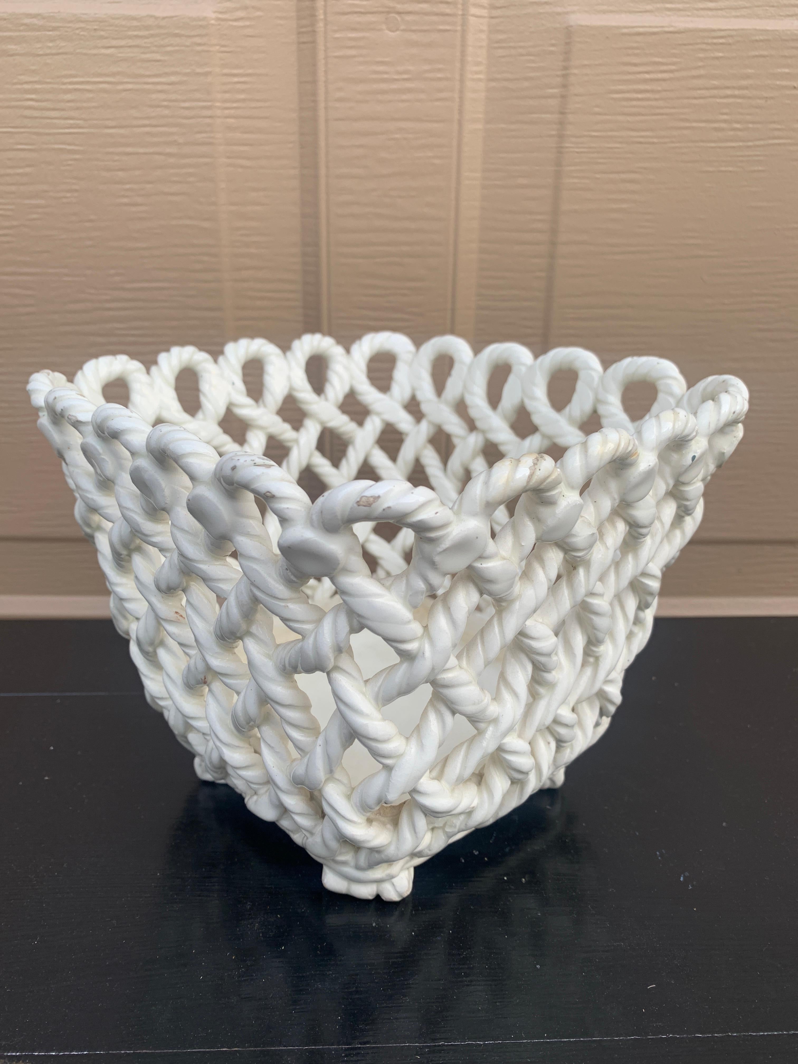 Cesta Cachepot de Cerámica Blanca Tejida con Cuerda País Francés en venta 2
