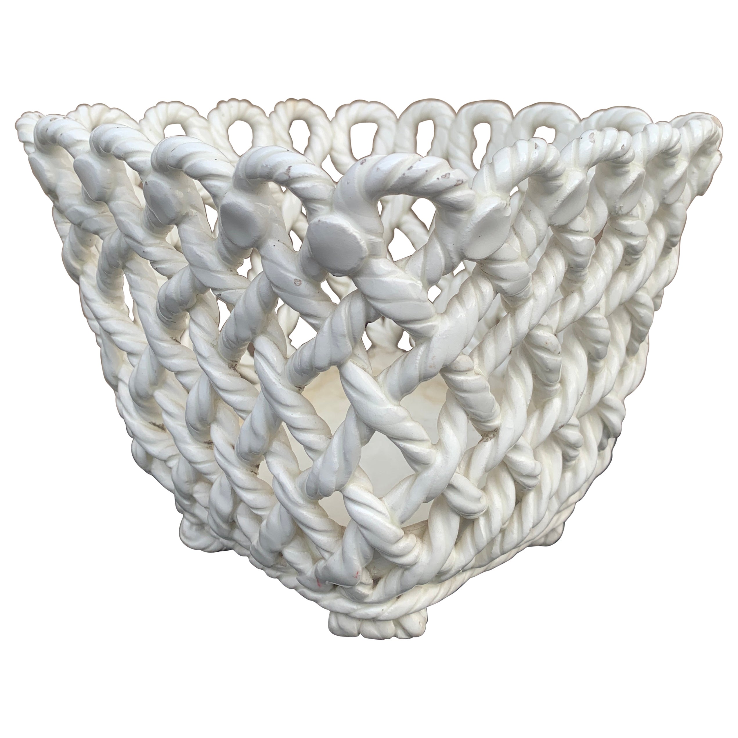Cesta Cachepot de Cerámica Blanca Tejida con Cuerda País Francés