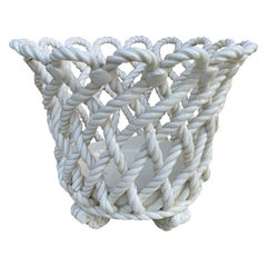French Country White Ceramic Woven Rope Cachepot Basket