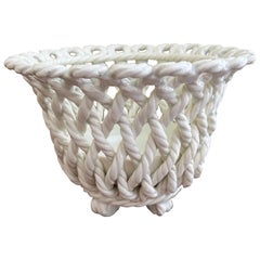 French Country White Ceramic Woven Rope Cachepot Basket