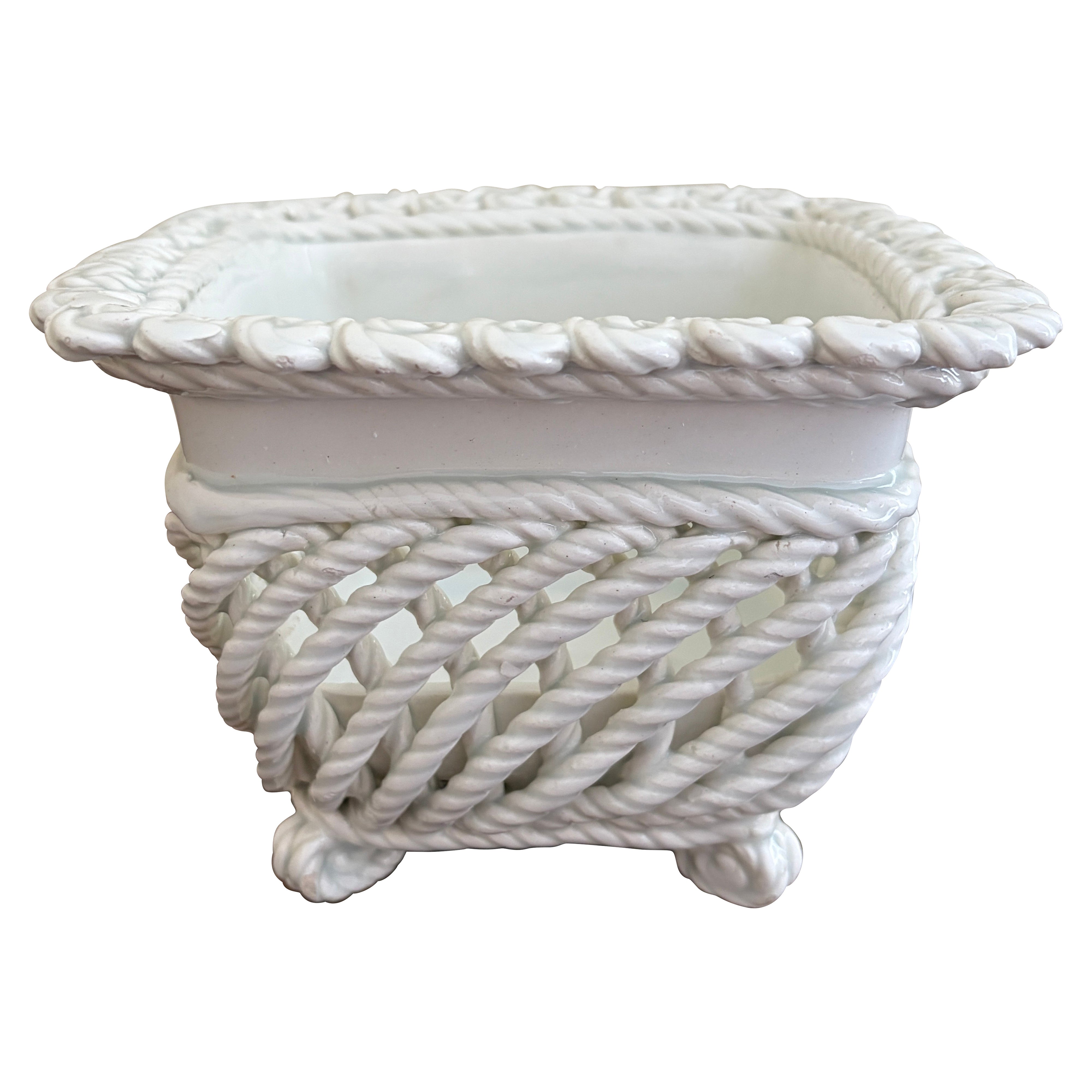 French Country White Ceramic Woven Rope Cachepot Basket