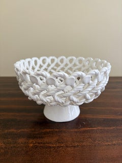 French Country White Ceramic Woven Rope Cachepot Basket or Fruit Bowl