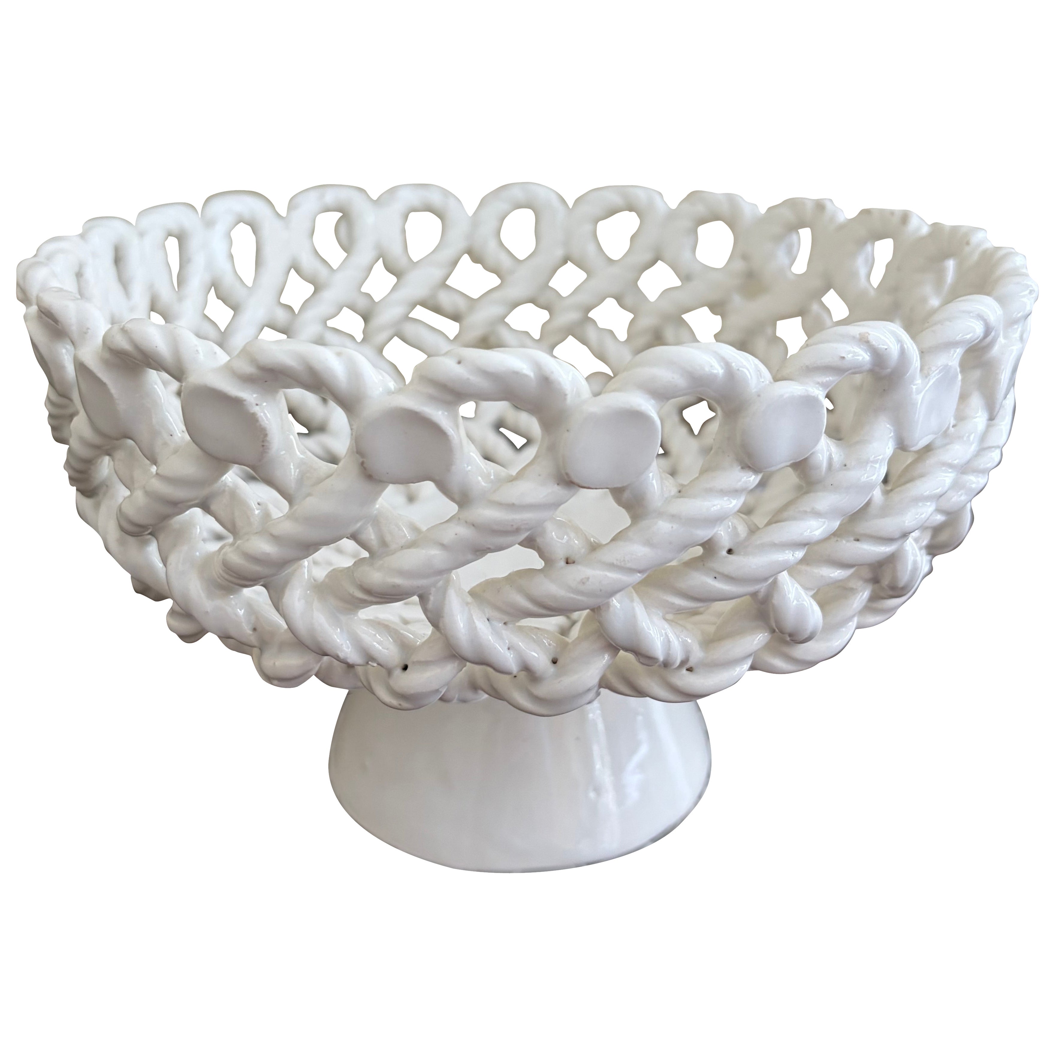 French Country White Ceramic Woven Rope Cachepot Basket or Fruit Bowl