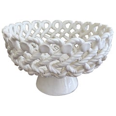 French Country White Ceramic Woven Rope Cachepot Basket or Fruit Bowl