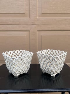 French Country White Ceramic Woven Rope Cachepot Baskets, a Pair