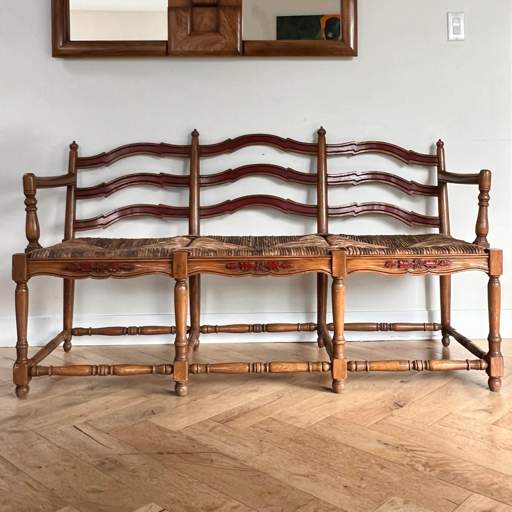 French country wicker rush and ladderback painted oak wood bench, 20th century  2