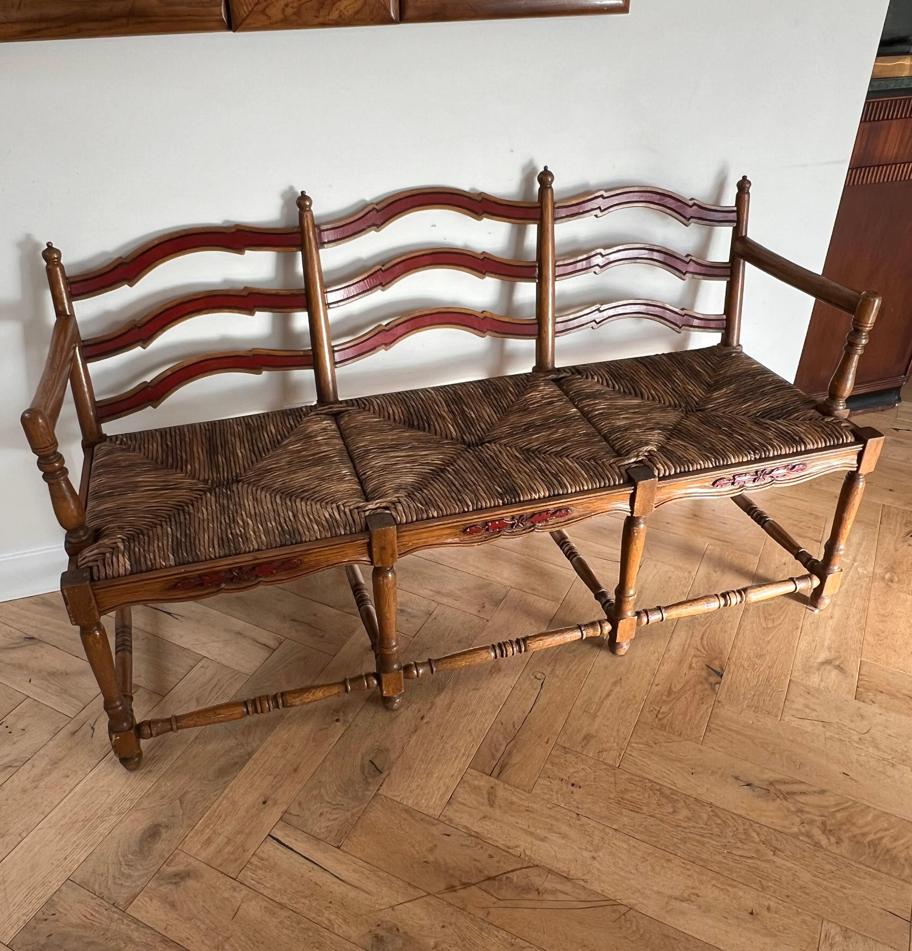 French country wicker rush and ladderback painted oak wood bench, 20th century 3