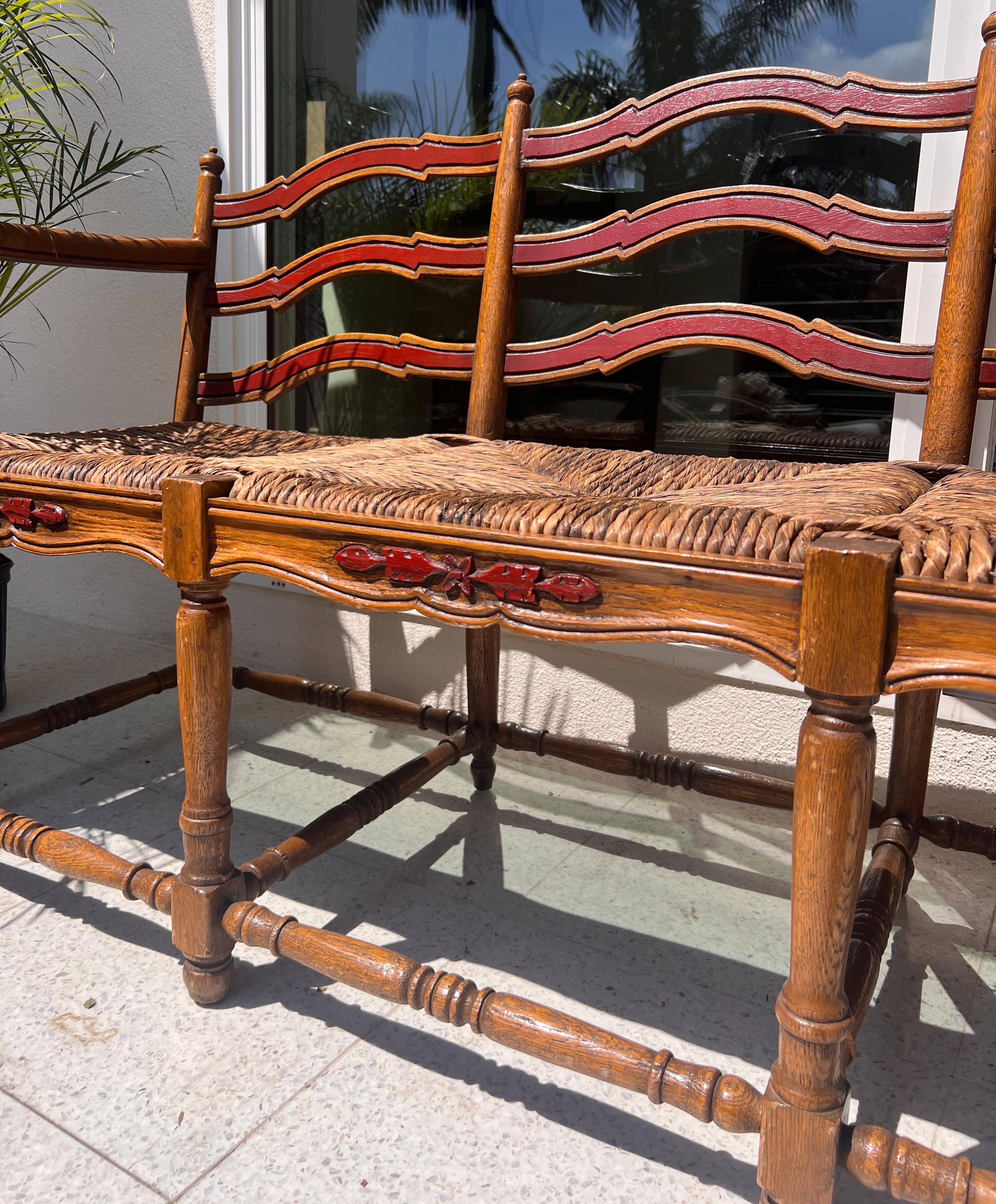 French country wicker rush and ladderback painted oak wood bench, 20th century 12