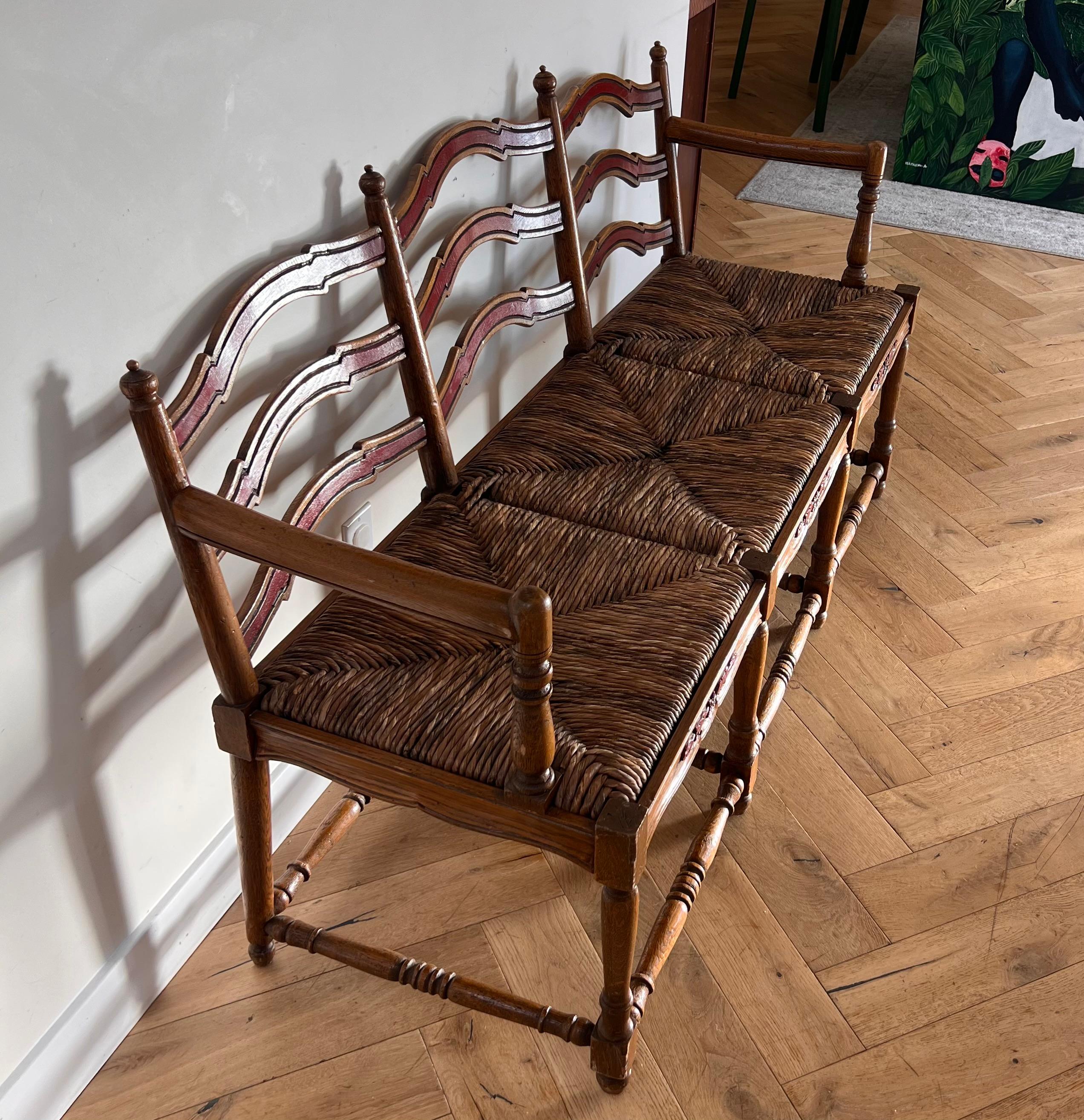 French Provincial French country wicker rush and ladderback painted oak wood bench, 20th century