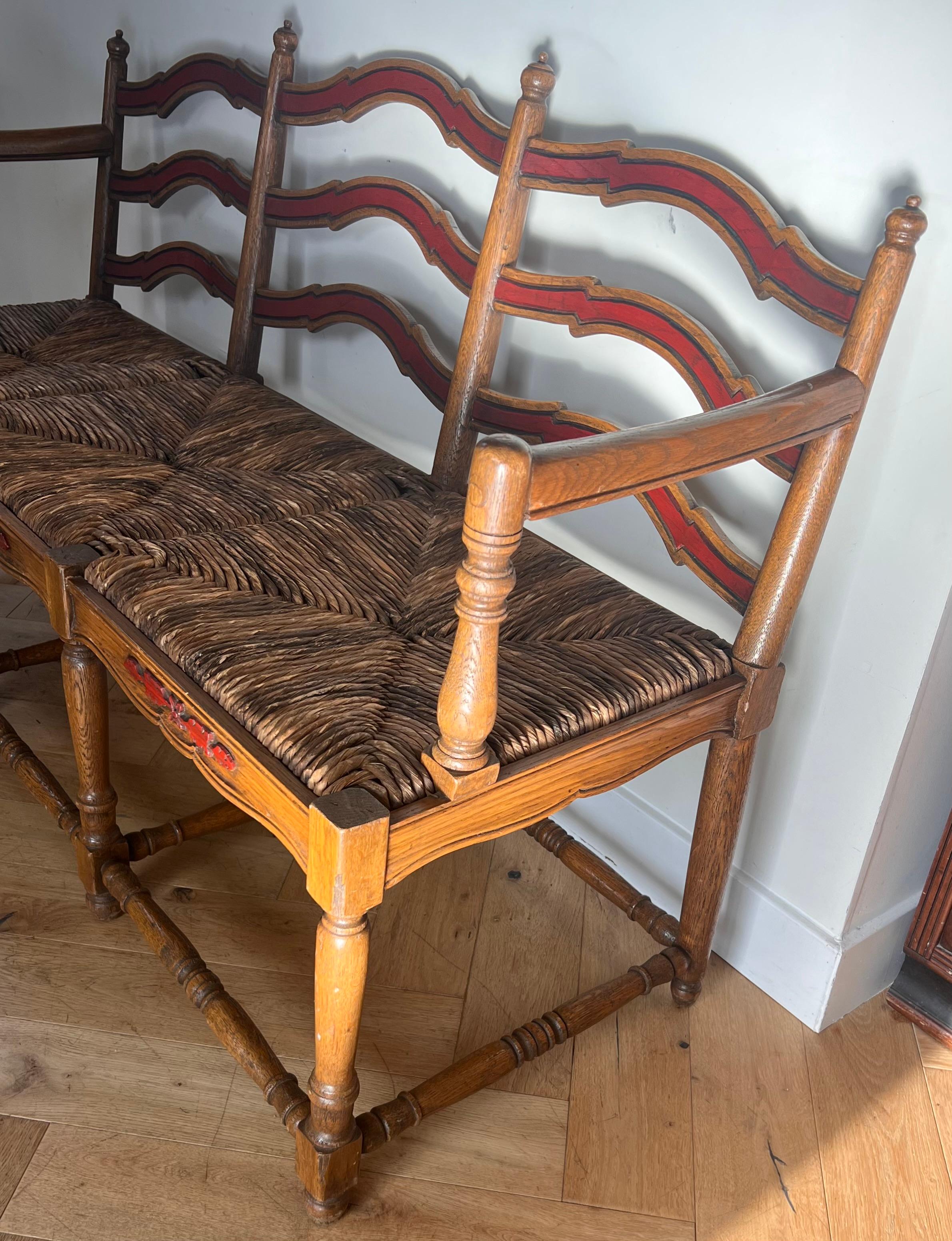 20th Century French country wicker rush and ladderback painted oak wood bench, 20th century 
