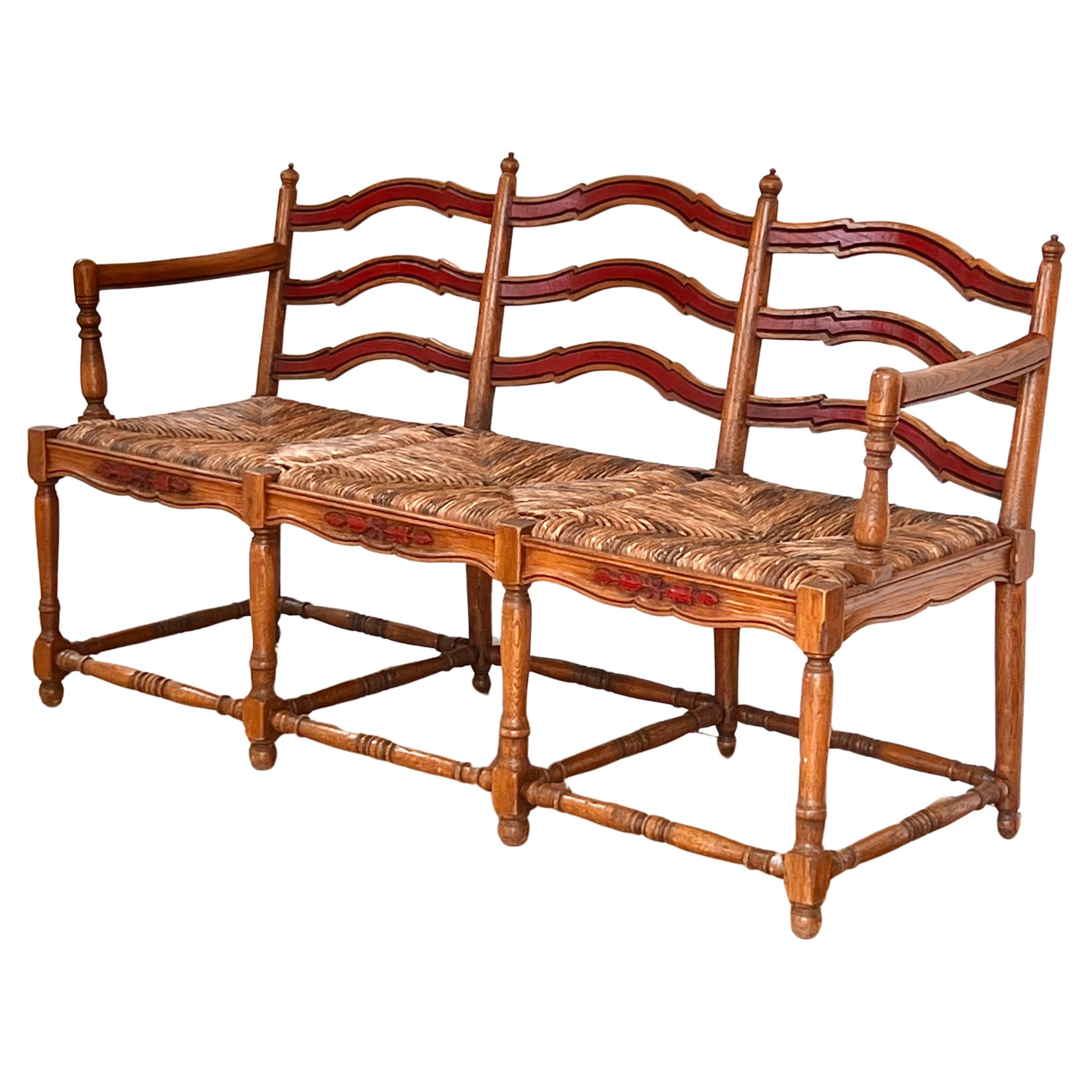 French country wicker rush and ladderback painted oak wood bench, 20th century 