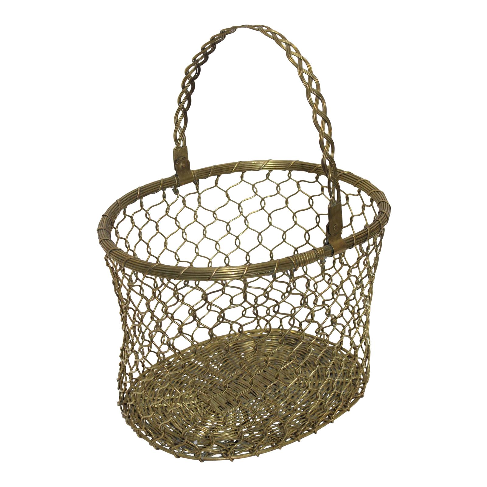 French Country Woven Brass Basket, Mid-20th Century