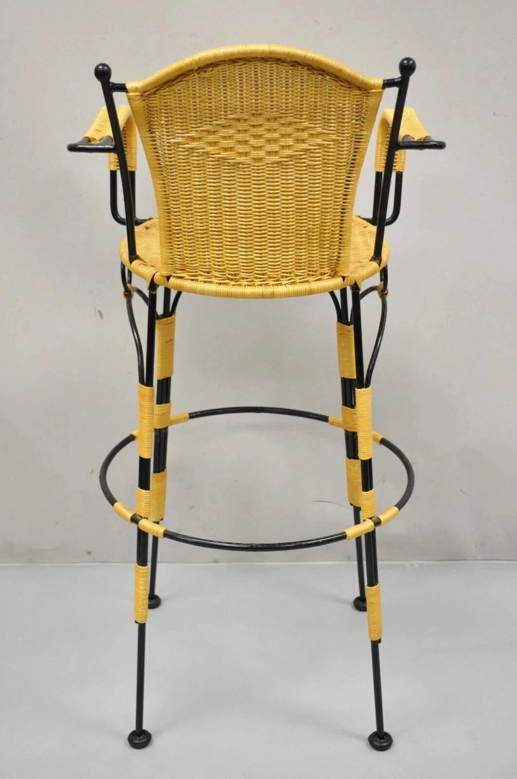 French Country Wrought Iron Woven Vinyl Rattan Bar Stools With Arms - Set of 4 For Sale 4